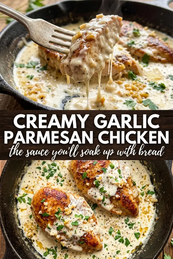 <p>Golden-seared chicken breasts in a garlic Parmesan cream sauce have a way of disappearing fast, especially when the sauce turns thick enough to cling to the chicken instead of pooling around it. This version keeps the skillet sauce glossy and spoon-coating, with enough garlic to taste in every bite and enough Parmesan to give it that salty, savory finish people expect from a good chicken dinner.</p><p>The trick is building the sauce in the same pan after the chicken comes out. Those browned bits at the bottom give the sauce depth, and the wine or broth lifts them without making the sauce muddy. Freshly grated Parmesan matters here because pre-shredded cheese can leave the sauce grainy instead of smooth, and the cream has to simmer gently so it thickens without breaking.</p><p>Below you’ll find the exact cues I use for a sauce that stays silky, plus a few smart swaps if you need to work with what’s already in the kitchen.</p><div style="position:relative;background:#fffaf5;border:1px solid #f0e0cc;border-radius:8px;padding:28px 28px 20px 36px;margin:28px 0;box-shadow:0 2px 8px rgba(0,0,0,0.06);"><span style="position:absolute;top:12px;left:16px;font-size:52px;line-height:1;color:#e07b39;opacity:0.25;font-family:Georgia,serif;">&ldquo;</span><p style="margin:0 0 12px;font-style:italic;font-size:1.05em;color:#3a3a3a;line-height:1.65;">The sauce turned out thick and silky, and the garlic stayed mellow instead of sharp. I served it over mashed potatoes and my husband kept going back for more of the sauce.</p><div style="display:flex;align-items:center;gap:10px;"><span style="color:#e07b39;font-size:0.95em;letter-spacing:1px;">★★★★★</span><span style="font-size:0.88em;color:#999;">— Melissa R.</span></div></div><div style="background:#f9f0f5;border:1px solid #e8c8d8;padding:16px 20px;margin:28px 0;border-radius:8px;display:flex;align-items:center;gap:16px;flex-wrap:wrap;"><svg xmlns="http://www.w3.org/2000/svg" width="30" height="30" viewBox="0 0 24 24" fill="#e60023" style="flex-shrink:0;"><path d="M12 0C5.373 0 0 5.373 0 12c0 5.084 3.163 9.426 7.627 11.174-.105-.949-.2-2.405.042-3.441.218-.937 1.407-5.965 1.407-5.965s-.359-.719-.359-1.782c0-1.668.967-2.914 2.171-2.914 1.023 0 1.518.769 1.518 1.69 0 1.029-.655 2.568-.994 3.995-.283 1.194.599 2.169 1.777 2.169 2.133 0 3.772-2.249 3.772-5.495 0-2.873-2.064-4.882-5.012-4.882-3.414 0-5.418 2.561-5.418 5.207 0 1.031.397 2.138.893 2.738a.36.36 0 0 1 .083.345l-.333 1.36c-.053.22-.174.267-.402.161-1.499-.698-2.436-2.889-2.436-4.649 0-3.785 2.75-7.262 7.929-7.262 4.163 0 7.398 2.967 7.398 6.931 0 4.136-2.607 7.464-6.227 7.464-1.216 0-2.359-.632-2.75-1.378l-.748 2.853c-.271 1.043-1.002 2.35-1.492 3.146C9.57 23.812 10.763 24 12 24c6.627 0 12-5.373 12-12S18.627 0 12 0z"/></svg><p style="margin:0;font-size:0.95em;color:#555;flex:1;min-width:180px;">Save this creamy garlic Parmesan chicken for the nights when you want a skillet dinner with a rich sauce and almost no cleanup.</p><a id="pin-save-btn" href="#" style="background:#e60023;color:#fff;padding:9px 20px;border-radius:20px;text-decoration:none;font-size:0.88em;font-weight:700;white-space:nowrap;flex-shrink:0;letter-spacing:0.3px;">Save to Pinterest</a></div><script>(function(){var btn=document.getElementById('pin-save-btn');if(btn){btn.href='https://pinterest.com/pin/create/button/?url='+encodeURIComponent(window.location.href);btn.target='_blank';}})();</script><h2>The Moment Most Cream Sauces Break on Chicken</h2><p>What usually goes wrong here isn’t the cream itself. It’s the heat. If the pan is too hot when the dairy goes in, the sauce can turn greasy or look slightly curdled before the cheese has a chance to melt into it. The fix is simple: take the heat down once the garlic and wine have done their job, then let the sauce simmer in a calm, steady way.</p><p>Chicken breasts can also be the weak link if they cook unevenly. A thick breast sears beautifully on the outside while staying underdone in the center, which leads people to keep cooking the sauce while the chicken hovers too long in the pan. Pound very thick pieces to an even thickness or slice them horizontally if needed. Even cooking matters more here than exact timing.</p><ul><li><strong>Parmesan</strong> — Freshly grated Parmesan melts into the sauce smoothly and gives you that salty finish. Pre-grated cheese often has anti-caking agents that can make the sauce sandy.</li><li><strong>Dry white wine or chicken broth</strong> — Wine adds a sharper, slightly richer base, but broth works well if you want to keep things simple. Either one loosens the browned bits on the bottom of the skillet before the cream goes in.</li><li><strong>Heavy cream</strong> — This is what gives the sauce its body. Half-and-half can work in a pinch, but the sauce will be thinner and a little more likely to separate if it gets too hot.</li><li><strong>Garlic</strong> — Minced fresh garlic cooks fast and needs just a minute in the butter. If it browns, it turns bitter, so add the liquid as soon as it smells fragrant.</li></ul><h2>What Each Ingredient Is Actually Doing in This Baked Chicken</h2><figure style="margin:32px 0;"><img src="[IMAGE_URL]" alt="Baked chicken breasts with sauce and herbs" data-pin-media="[IMAGE_URL]" style="width:100%;height:auto;display:block;border-radius:8px;" loading="lazy"/></figure><ul><li><strong>Chicken breasts (the lean protein)</strong> — Cut evenly so pieces cook at the same rate. Let them sit at room temperature for 15 minutes before baking so they cook evenly.</li><li><strong>Olive oil or butter (the cooking medium and richness)</strong> — Good fat keeps the chicken from drying out in the oven. It also carries herb and spice flavors throughout the meat.</li><li><strong>Garlic (the aromatic foundation)</strong> — Fresh minced or thin slices mellow and become sweet when baked, adding depth without overpowering the chicken.</li><li><strong>Cream or broth (the sauce base)</strong> — This creates the glossy sauce that keeps baked chicken from tasting dry. It also helps flavors develop and carry.</li><li><strong>Lemon juice or vinegar (the brightness)</strong> — Acid prevents the cream sauce from tasting too heavy and keeps the dish from being one-dimensional.</li><li><strong>Fresh herbs or spices (the personality)</strong> — Basil, thyme, oregano, paprika, or Italian seasoning all work. Choose ones that complement your other flavors.</li><li><strong>Cheese (optional richness)</strong> — Parmesan or feta adds creaminess and salt that enhances all other flavors. Don’t overdo it or the dish becomes heavy.</li><li><strong>Proper oven temperature (the key to juicy chicken)</strong> — 375-400°F bakes chicken through without drying the edges. Check with a thermometer for 165°F internal temp.</li></ul><h2>Getting the Chicken and Sauce to Finish at the Same Time</h2><h3>Seasoning and Searing</h3><p>Season both sides of the chicken generously before it hits the pan. A hot skillet with olive oil gives you the deep golden crust that keeps the chicken from tasting flat. Don’t move it around once it goes in; let it sit until it releases cleanly, then flip and finish the other side. If the pan is crowded, the chicken will steam instead of sear, and the sauce won’t have those browned bits to pull from later.</p><h3>Building the Garlic Base</h3><p>Once the chicken comes out, add the butter and garlic to the same skillet. The garlic only needs about a minute before it smells nutty and warm. That is your cue to add the wine or broth. If the garlic starts to brown, lower the heat immediately, because burnt garlic will carry through the whole sauce.</p><h3>Simmering the Cream Sauce</h3><p>Pour in the cream, broth, Parmesan, and Italian seasoning, then let the sauce simmer gently until it thickens and looks glossy enough to coat the back of a spoon. Stir often, especially after the cheese goes in. If the sauce looks loose at first, keep it at a steady simmer; it tightens as the water cooks off. High heat is the fastest way to turn it oily.</p><h3>Bringing the Chicken Back</h3><p>Return the chicken to the skillet and spoon sauce over the top. Let it sit in the sauce for a couple of minutes so the chicken finishes warming through and picks up the flavor from the pan. Fresh thyme and parsley go on at the end for a clean finish that cuts through the richness. If the sauce thickens too much before serving, splash in a spoonful of broth and stir it through.</p><h2>How to Adapt This for Different Kitchens and Different Nights</h2><div style="margin:28px 0;display:flex;flex-direction:column;gap:12px;"><div style="background:#fafafa;border-radius:8px;padding:20px 24px;border:1px solid #e8e8e8;"><h3 style="margin:0 0 10px;font-size:1em;color:#2a2a2a;">Dairy-Free Version</h3><p style="margin:0;font-size:0.95em;color:#555;line-height:1.7;">Use full-fat canned coconut milk instead of heavy cream and a dairy-free Parmesan alternative if you have one that melts well. The sauce will taste a little sweeter and less sharp, but it still clings to the chicken nicely. Keep the heat low so the coconut milk stays smooth.</p></div><div style="background:#fafafa;border-radius:8px;padding:20px 24px;border:1px solid #e8e8e8;"><h3 style="margin:0 0 10px;font-size:1em;color:#2a2a2a;">Gluten-Free and Naturally Thickened</h3><p style="margin:0;font-size:0.95em;color:#555;line-height:1.7;">This recipe is already gluten-free as written if your broth is gluten-free. The sauce thickens from reduction and Parmesan, so you don’t need flour or cornstarch unless you want a heavier finish.</p></div><div style="background:#fafafa;border-radius:8px;padding:20px 24px;border:1px solid #e8e8e8;"><h3 style="margin:0 0 10px;font-size:1em;color:#2a2a2a;">Chicken Thigh Swap</h3><p style="margin:0;font-size:0.95em;color:#555;line-height:1.7;">Boneless skinless thighs work well here and stay juicier than breasts. They need a few extra minutes in the skillet, but they bring a richer, darker flavor that stands up to the cream sauce.</p></div><div style="background:#fafafa;border-radius:8px;padding:20px 24px;border:1px solid #e8e8e8;"><h3 style="margin:0 0 10px;font-size:1em;color:#2a2a2a;">Make It a Lighter Plate</h3><p style="margin:0;font-size:0.95em;color:#555;line-height:1.7;">Serve the chicken with steamed green beans, zucchini, or cauliflower mash instead of pasta or potatoes. The sauce is rich enough to carry a simple vegetable side without feeling sparse, and that keeps the whole meal from getting heavy.</p></div><div style="background:#fafafa;border-radius:8px;padding:20px 24px;border:1px solid #e8e8e8;"><h3 style="margin:0 0 10px;font-size:1em;color:#2a2a2a;">Storage and Reheating</h3><ul style="margin:0;padding-left:18px;font-size:0.95em;color:#555;line-height:1.8;"><li><strong>Refrigerator:</strong> Store leftovers in an airtight container for up to 3 days. The sauce will thicken as it chills.</li><li><strong>Freezer:</strong> Freezing isn’t ideal because cream sauces can turn grainy after thawing. If you do freeze it, expect the texture to loosen up and separate a little.</li><li><strong>Reheating:</strong> Warm gently in a covered skillet over low heat with a splash of broth or cream. Microwave heat is where the sauce is most likely to split, so go slow and stir between short bursts.</li></ul></div></div><h2>Answers to the Questions Worth Asking</h2><div style="margin:28px 0;display:flex;flex-direction:column;gap:8px;"><details style="background:#fafafa;border:1px solid #e8e8e8;border-radius:8px;overflow:hidden;" itemscope itemprop="mainEntity" itemtype="https://schema.org/Question"><summary itemprop="name" style="padding:16px 20px;cursor:pointer;font-weight:600;font-size:0.97em;color:#2a2a2a;list-style:none;display:flex;justify-content:space-between;align-items:center;">Can I use chicken thighs instead of chicken breasts?<span style="font-size:1.1em;color:#aaaaaa;flex-shrink:0;margin-left:12px;">+</span></summary><div itemscope itemprop="acceptedAnswer" itemtype="https://schema.org/Answer"><p itemprop="text" style="margin:0;padding:0 20px 18px;font-size:0.95em;color:#555;line-height:1.7;">Yes, boneless skinless thighs work well and stay juicier. They usually need a few extra minutes in the pan, so use the same visual cues: deep color on the outside and an internal temperature of 165°F. The sauce benefits from the extra drippings.</p></div></details><details style="background:#fafafa;border:1px solid #e8e8e8;border-radius:8px;overflow:hidden;" itemscope itemprop="mainEntity" itemtype="https://schema.org/Question"><summary itemprop="name" style="padding:16px 20px;cursor:pointer;font-weight:600;font-size:0.97em;color:#2a2a2a;list-style:none;display:flex;justify-content:space-between;align-items:center;">How do I keep the Parmesan sauce from getting grainy?<span style="font-size:1.1em;color:#aaaaaa;flex-shrink:0;margin-left:12px;">+</span></summary><div itemscope itemprop="acceptedAnswer" itemtype="https://schema.org/Answer"><p itemprop="text" style="margin:0;padding:0 20px 18px;font-size:0.95em;color:#555;line-height:1.7;">Use freshly grated Parmesan and add it over low heat, not a bubbling pan. Graininess usually comes from pre-shredded cheese or heat that’s too aggressive. A gentle simmer gives the cheese time to melt into the cream instead of clumping.</p></div></details><details style="background:#fafafa;border:1px solid #e8e8e8;border-radius:8px;overflow:hidden;" itemscope itemprop="mainEntity" itemtype="https://schema.org/Question"><summary itemprop="name" style="padding:16px 20px;cursor:pointer;font-weight:600;font-size:0.97em;color:#2a2a2a;list-style:none;display:flex;justify-content:space-between;align-items:center;">Can I make creamy garlic Parmesan chicken ahead of time?<span style="font-size:1.1em;color:#aaaaaa;flex-shrink:0;margin-left:12px;">+</span></summary><div itemscope itemprop="acceptedAnswer" itemtype="https://schema.org/Answer"><p itemprop="text" style="margin:0;padding:0 20px 18px;font-size:0.95em;color:#555;line-height:1.7;">Yes, and it reheats best if you stop cooking the chicken just as it reaches 165°F. The sauce will thicken in the fridge, so add a splash of broth when you warm it back up. Reheat slowly to keep the cream from splitting.</p></div></details><details style="background:#fafafa;border:1px solid #e8e8e8;border-radius:8px;overflow:hidden;" itemscope itemprop="mainEntity" itemtype="https://schema.org:Question"><summary itemprop="name" style="padding:16px 20px;cursor:pointer;font-weight:600;font-size:0.97em;color:#2a2a2a;list-style:none;display:flex;justify-content:space-between;align-items:center;">How do I thicken the sauce if it still looks thin?<span style="font-size:1.1em;color:#aaaaaa;flex-shrink:0;margin-left:12px;">+</span></summary><div itemscope itemprop="acceptedAnswer" itemtype="https://schema.org/Answer"><p itemprop="text" style="margin:0;padding:0 20px 18px;font-size:0.95em;color:#555;line-height:1.7;">Let it simmer a few minutes longer before changing anything else. The sauce thickens from reduction and Parmesan, so rushing it usually causes the opposite problem. If you still need more body, add a little more cheese in small handfuls while stirring off the heat.</p></div></details><details style="background:#fafafa;border:1px solid #e8e8e8;border-radius:8px;overflow:hidden;" itemscope itemprop="mainEntity" itemtype="https://schema.org/Question"><summary itemprop="name" style="padding:16px 20px;cursor:pointer;font-weight:600;font-size:0.97em;color:#2a2a2a;list-style:none;display:flex;justify-content:space-between;align-items:center;">Can I skip the wine and use broth instead?<span style="font-size:1.1em;color:#aaaaaa;flex-shrink:0;margin-left:12px;">+</span></summary><div itemscope itemprop="acceptedAnswer" itemtype="https://schema.org/Answer"><p itemprop="text" style="margin:0;padding:0 20px 18px;font-size:0.95em;color:#555;line-height:1.7;">Yes. Chicken broth gives you a softer, more familiar flavor, while wine adds a little sharpness that helps the sauce taste less heavy. If you skip the wine, let the broth simmer for a minute before adding the cream so the skillet still picks up the browned bits.</p></div></details></div><div id="recipe-card">
  [RECIPE_CARD_SHORTCODE]
</div>