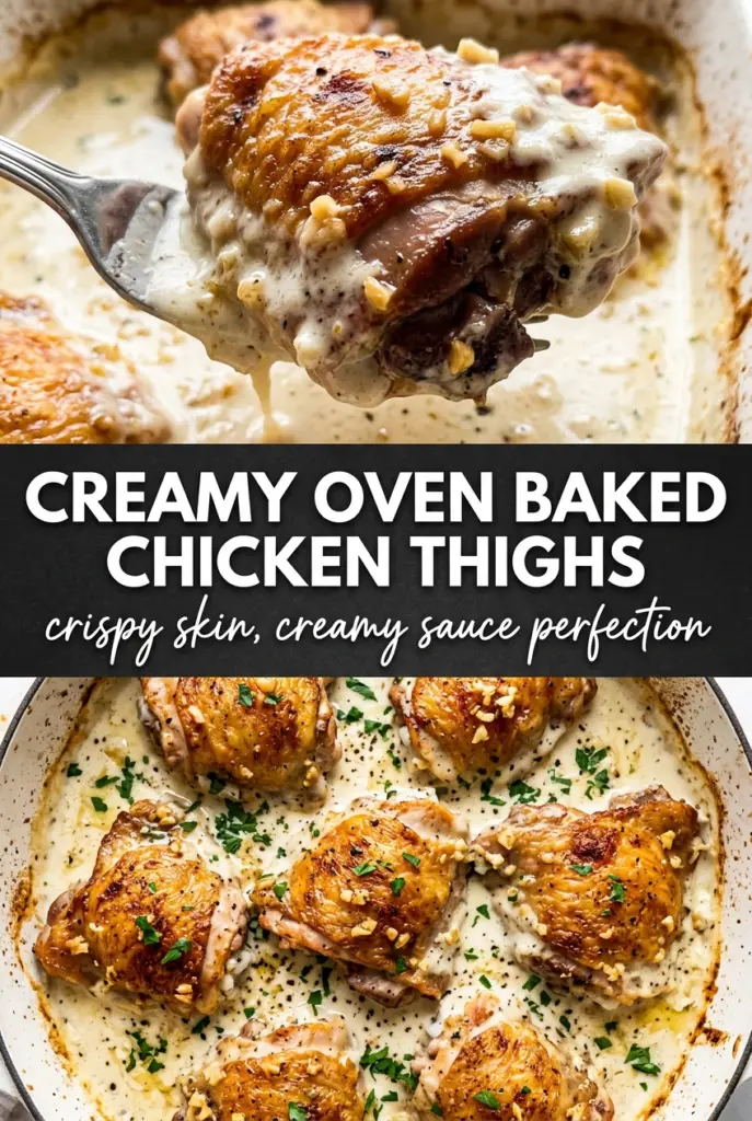 <p>Golden-skinned chicken thighs baked in a garlicky cream sauce hit the table with everything people want from a weeknight dinner: crisp skin, tender meat, and a pan sauce that tastes like it took far more effort than it did. The sauce bubbles up around the chicken in the oven, picks up the browned bits from the skillet, and turns silky without needing a long simmer on the stove.</p><p>The trick is starting the thighs skin-side down in a hot skillet so the fat renders and the skin has a chance to get deeply golden before any cream goes near the pan. From there, the sauce builds in the same skillet, which is where the flavor lives. A little broth keeps it loose enough to bake, and Parmesan plus cream give it body as it finishes in the oven.</p><p>Below, I’ll walk through the part that matters most: keeping the sauce rich instead of greasy, plus a few swaps if you need to work with what’s already in the fridge.</p><div style="position:relative;background:#fffaf5;border:1px solid #f0e0cc;border-radius:8px;padding:28px 28px 20px 36px;margin:28px 0;box-shadow:0 2px 8px rgba(0,0,0,0.06);"><span style="position:absolute;top:12px;left:16px;font-size:52px;line-height:1;color:#e07b39;opacity:0.25;font-family:Georgia,serif;">&ldquo;</span><p style="margin:0 0 12px;font-style:italic;font-size:1.05em;color:#3a3a3a;line-height:1.65;">The skin stayed crisp even under the sauce, and the cream thickened up around the chicken instead of turning watery. My husband asked if I could add this to our regular rotation.</p><div style="display:flex;align-items:center;gap:10px;"><span style="color:#e07b39;font-size:0.95em;letter-spacing:1px;">★★★★★</span><span style="font-size:0.88em;color:#999;">— Jenna P.</span></div></div><div style="background:#f9f0f5;border:1px solid #e8c8d8;padding:16px 20px;margin:28px 0;border-radius:8px;display:flex;align-items:center;gap:16px;flex-wrap:wrap;"><svg xmlns="http://www.w3.org/2000/svg" width="30" height="30" viewBox="0 0 24 24" fill="#e60023" style="flex-shrink:0;"><path d="M12 0C5.373 0 0 5.373 0 12c0 5.084 3.163 9.426 7.627 11.174-.105-.949-.2-2.405.042-3.441.218-.937 1.407-5.965 1.407-5.965s-.359-.719-.359-1.782c0-1.668.967-2.914 2.171-2.914 1.023 0 1.518.769 1.518 1.69 0 1.029-.655 2.568-.994 3.995-.283 1.194.599 2.169 1.777 2.169 2.133 0 3.772-2.249 3.772-5.495 0-2.873-2.064-4.882-5.012-4.882-3.414 0-5.418 2.561-5.418 5.207 0 1.031.397 2.138.893 2.738a.36.36 0 0 1 .083.345l-.333 1.36c-.053.22-.174.267-.402.161-1.499-.698-2.436-2.889-2.436-4.649 0-3.785 2.75-7.262 7.929-7.262 4.163 0 7.398 2.967 7.398 6.931 0 4.136-2.607 7.464-6.227 7.464-1.216 0-2.359-.632-2.75-1.378l-.748 2.853c-.271 1.043-1.002 2.35-1.492 3.146C9.57 23.812 10.763 24 12 24c6.627 0 12-5.373 12-12S18.627 0 12 0z"/></svg><p style="margin:0;font-size:0.95em;color:#555;flex:1;min-width:180px;">Save these creamy oven baked chicken thighs for the nights when you want crisp skin, a garlicky cream sauce, and one skillet to clean up.</p><a id="pin-save-btn" href="#" style="background:#e60023;color:#fff;padding:9px 20px;border-radius:20px;text-decoration:none;font-size:0.88em;font-weight:700;white-space:nowrap;flex-shrink:0;letter-spacing:0.3px;">Save to Pinterest</a></div><script>(function(){var btn=document.getElementById('pin-save-btn');if(btn){btn.href='https://pinterest.com/pin/create/button/?url='+encodeURIComponent(window.location.href);btn.target='_blank';}})();</script><h2>The Trick to Keeping the Skin Crispy Under Cream Sauce</h2><p>The biggest mistake with creamy baked chicken is skipping the sear and trusting the oven to do everything. It won’t. Skin needs direct heat first, or it just steams in the sauce and turns limp before the chicken is done. Searing skin-side down long enough to render the fat gives you that shattering top and keeps the thighs from tasting greasy later.</p><p>Another thing that matters here: the sauce should be built after the chicken is removed from the pan, but before the skillet cools down. Those browned bits on the bottom are the backbone of the dish. Deglazing with broth pulls them up cleanly, and the cream can then thicken around them instead of sitting on top like an afterthought.</p><ul><li><strong>Bone-in, skin-on thighs</strong> — These stay juicy in the oven and give you the best chance at crisp skin. Boneless thighs work in a pinch, but you lose some of the rich drippings and the cook time gets shorter.</li><li><strong>Heavy cream</strong> — This is what makes the sauce stable. Half-and-half can split or stay thin once the Parmesan goes in, especially in a hot oven.</li><li><strong>Chicken broth</strong> — It loosens the sauce just enough to bake without turning gluey. Use a low-sodium broth if yours is salty, because the cheese and seasoned chicken already bring plenty.</li><li><strong>Parmesan</strong> — Grate it yourself if you can. Pre-shredded cheese often melts into a grainier sauce because of the anti-caking coating.</li></ul><h2>What Each Ingredient Is Actually Doing in This Baked Chicken</h2><figure style="margin:32px 0;"><img src="[IMAGE_URL]" alt="Baked chicken breasts with sauce and herbs" data-pin-media="[IMAGE_URL]" style="width:100%;height:auto;display:block;border-radius:8px;" loading="lazy"/></figure><ul><li><strong>Chicken breasts (the lean protein)</strong> — Cut evenly so pieces cook at the same rate. Let them sit at room temperature for 15 minutes before baking so they cook evenly.</li><li><strong>Olive oil or butter (the cooking medium and richness)</strong> — Good fat keeps the chicken from drying out in the oven. It also carries herb and spice flavors throughout the meat.</li><li><strong>Garlic (the aromatic foundation)</strong> — Fresh minced or thin slices mellow and become sweet when baked, adding depth without overpowering the chicken.</li><li><strong>Cream or broth (the sauce base)</strong> — This creates the glossy sauce that keeps baked chicken from tasting dry. It also helps flavors develop and carry.</li><li><strong>Lemon juice or vinegar (the brightness)</strong> — Acid prevents the cream sauce from tasting too heavy and keeps the dish from being one-dimensional.</li><li><strong>Fresh herbs or spices (the personality)</strong> — Basil, thyme, oregano, paprika, or Italian seasoning all work. Choose ones that complement your other flavors.</li><li><strong>Cheese (optional richness)</strong> — Parmesan or feta adds creaminess and salt that enhances all other flavors. Don’t overdo it or the dish becomes heavy.</li><li><strong>Proper oven temperature (the key to juicy chicken)</strong> — 375-400°F bakes chicken through without drying the edges. Check with a thermometer for 165°F internal temp.</li></ul><h2>Building the Pan Sauce Without Breaking It</h2><h3>Season and Sear the Thighs</h3><p>Coat the chicken generously with salt, pepper, garlic powder, smoked paprika, and Italian seasoning, then put the thighs skin-side down in hot olive oil. You want a steady sizzle the whole time. If the pan is too cool, the skin will stick and pale instead of crisping; if it’s too hot, the outside burns before the fat renders. After 6 to 7 minutes, the skin should look deep golden and release on its own.</p><h3>Use the Skillet Drippings to Start the Sauce</h3><p>Pull the chicken out, then cook the garlic just until fragrant. It should smell sweet and sharp, not dark or bitter. Pour in the broth and scrape the bottom of the skillet with a wooden spoon so every browned bit dissolves into the liquid. That’s what gives the sauce depth instead of a flat cream-and-cheese taste.</p><h3>Let the Cream Thicken in the Oven</h3><p>Stir in the cream, Parmesan, Italian seasoning, and thyme, then nestle the chicken back in skin-side up. The thighs should sit partly in the sauce, not disappear under it. Bake uncovered so the surface can reduce and bubble; if you cover the pan, the skin softens and the sauce stays too loose. The chicken is done when the thickest part hits 165°F and the sauce clings to the spoon.</p><h3>Finish With Fresh Herbs</h3><p>Let the pan rest for a few minutes before serving, then scatter parsley over the top. The sauce will settle a bit as it cools, which is what you want. If it looks a touch thinner than you expected when it comes out of the oven, give it those few minutes. It tightens quickly once it comes off the heat.</p><h2>How to Adapt These Creamy Baked Chicken Thighs for Your Kitchen</h2><div style="margin:28px 0;display:flex;flex-direction:column;gap:12px;"><div style="background:#fafafa;border-radius:8px;padding:20px 24px;border:1px solid #e8e8e8;"><h3 style="margin:0 0 10px;font-size:1em;color:#2a2a2a;">Dairy-Free Version With Coconut Cream</h3><p style="margin:0;font-size:0.95em;color:#555;line-height:1.7;">Swap the heavy cream for full-fat coconut cream and use a dairy-free Parmesan-style alternative or skip the cheese entirely. The sauce will be a little less savory and carry a faint coconut note, but it still turns silky and coats the chicken well. Keep the heat gentle so the coconut fat doesn’t separate.</p></div><div style="background:#fafafa;border-radius:8px;padding:20px 24px;border:1px solid #e8e8e8;"><h3 style="margin:0 0 10px;font-size:1em;color:#2a2a2a;">No Skin, No Bone</h3><p style="margin:0;font-size:0.95em;color:#555;line-height:1.7;">Boneless, skinless thighs will work, but they won’t brown the same way or protect themselves from drying out. Cut the baking time down and check early, because they cook faster and can go from juicy to stringy if left in too long. You’ll still get a good pan sauce, just with less richness from the rendered chicken fat.</p></div><div style="background:#fafafa;border-radius:8px;padding:20px 24px;border:1px solid #e8e8e8;"><h3 style="margin:0 0 10px;font-size:1em;color:#2a2a2a;">Extra-Shortcut Version</h3><p style="margin:0;font-size:0.95em;color:#555;line-height:1.7;">If you’re using already-grated Parmesan and dried parsley for garnish, the dish still works fine. The flavor is a little less sharp and fresh, but the sauce will still thicken. What matters most is keeping the skillet hot enough for the sear and baking uncovered so the sauce can concentrate.</p></div><div style="background:#fafafa;border-radius:8px;padding:20px 24px;border:1px solid #e8e8e8;"><h3 style="margin:0 0 10px;font-size:1em;color:#2a2a2a;">Storage and Reheating</h3><ul style="margin:0;padding-left:18px;font-size:0.95em;color:#555;line-height:1.8;"><li><strong>Refrigerator:</strong> Store in an airtight container for up to 4 days. The sauce will thicken as it chills.</li><li><strong>Freezer:</strong> It freezes reasonably well for up to 2 months, but the cream sauce may separate a little when thawed. Freeze in portions for easier reheating.</li><li><strong>Reheating:</strong> Warm gently in a covered skillet over low heat with a splash of broth or cream. Don’t blast it in the microwave on high, or the sauce can break and the chicken can dry out.</li></ul></div></div><h2>Questions I Get Asked About This Recipe</h2><div style="margin:28px 0;display:flex;flex-direction:column;gap:8px;"><details style="background:#fafafa;border:1px solid #e8e8e8;border-radius:8px;overflow:hidden;" itemscope itemprop="mainEntity" itemtype="https://schema.org/Question"><summary itemprop="name" style="padding:16px 20px;cursor:pointer;font-weight:600;font-size:0.97em;color:#2a2a2a;list-style:none;display:flex;justify-content:space-between;align-items:center;">Can I use boneless chicken thighs instead of bone-in?<span style="font-size:1.1em;color:#aaaaaa;flex-shrink:0;margin-left:12px;">+</span></summary><div itemscope itemprop="acceptedAnswer" itemtype="https://schema.org/Answer"><p itemprop="text" style="margin:0;padding:0 20px 18px;font-size:0.95em;color:#555;line-height:1.7;">Yes, but they’ll cook faster and won’t give you the same crisp-skin contrast. Start checking a few minutes early, and pull them as soon as they reach 165°F. The sauce still works, but the rendered fat from skin-on thighs is part of what makes this version taste rich.</p></div></details><details style="background:#fafafa;border:1px solid #e8e8e8;border-radius:8px;overflow:hidden;" itemscope itemprop="mainEntity" itemtype="https://schema.org/Question"><summary itemprop="name" style="padding:16px 20px;cursor:pointer;font-weight:600;font-size:0.97em;color:#2a2a2a;list-style:none;display:flex;justify-content:space-between;align-items:center;">How do I keep the cream sauce from curdling?<span style="font-size:1.1em;color:#aaaaaa;flex-shrink:0;margin-left:12px;">+</span></summary><div itemscope itemprop="acceptedAnswer" itemtype="https://schema.org/Answer"><p itemprop="text" style="margin:0;padding:0 20px 18px;font-size:0.95em;color:#555;line-height:1.7;">Keep the heat moderate when you add the cream and don’t let the skillet boil hard after the cheese goes in. Heavy cream is stable, but high heat and aggressive bubbling can still make the sauce look split or grainy. If that happens, pull the pan off the heat and whisk in a splash of warm broth.</p></div></details><details style="background:#fafafa;border:1px solid #e8e8e8;border-radius:8px;overflow:hidden;" itemscope itemprop="mainEntity" itemtype="https://schema.org/Question"><summary itemprop="name" style="padding:16px 20px;cursor:pointer;font-weight:600;font-size:0.97em;color:#2a2a2a;list-style:none;display:flex;justify-content:space-between;align-items:center;">Can I make this ahead of time?<span style="font-size:1.1em;color:#aaaaaa;flex-shrink:0;margin-left:12px;">+</span></summary><div itemscope itemprop="acceptedAnswer" itemtype="https://schema.org/Answer"><p itemprop="text" style="margin:0;padding:0 20px 18px;font-size:0.95em;color:#555;line-height:1.7;">You can sear the chicken and mix the sauce a few hours ahead, then refrigerate both separately. Assemble and bake just before serving so the skin still has a chance to crisp in the oven. If you bake it too far ahead, the chicken will still taste good, but the skin softens in the sauce.</p></div></details><details style="background:#fafafa;border:1px solid #e8e8e8;border-radius:8px;overflow:hidden;" itemscope itemprop="mainEntity" itemtype="https://schema.org/Question"><summary itemprop="name" style="padding:16px 20px;cursor:pointer;font-weight:600;font-size:0.97em;color:#2a2a2a;list-style:none;display:flex;justify-content:space-between;align-items:center;">How do I know when the chicken thighs are done?<span style="font-size:1.1em;color:#aaaaaa;flex-shrink:0;margin-left:12px;">+</span></summary><div itemscope itemprop="acceptedAnswer" itemtype="https://schema.org/Answer"><p itemprop="text" style="margin:0;padding:0 20px 18px;font-size:0.95em;color:#555;line-height:1.7;">The safest check is an instant-read thermometer in the thickest part of the thigh, away from the bone. You’re looking for 165°F. Visually, the juices should run clear and the sauce should be bubbling around the edges.</p></div></details><details style="background:#fafafa;border:1px solid #e8e8e8;border-radius:8px;overflow:hidden;" itemscope itemprop="mainEntity" itemtype="https://schema.org/Question"><summary itemprop="name" style="padding:16px 20px;cursor:pointer;font-weight:600;font-size:0.97em;color:#2a2a2a;list-style:none;display:flex;justify-content:space-between;align-items:center;">Can I use milk instead of heavy cream?<span style="font-size:1.1em;color:#aaaaaa;flex-shrink:0;margin-left:12px;">+</span></summary><div itemscope itemprop="acceptedAnswer" itemtype="https://schema.org/Answer"><p itemprop="text" style="margin:0;padding:0 20px 18px;font-size:0.95em;color:#555;line-height:1.7;">I wouldn’t. Milk is too lean for the oven and the Parmesan can make it break or turn thin instead of silky. If you need a lighter option, use half-and-half only if you’re ready to watch it closely and keep the bake time short.</p></div></details></div><div id="recipe-card">
  [RECIPE_CARD_SHORTCODE]
</div>