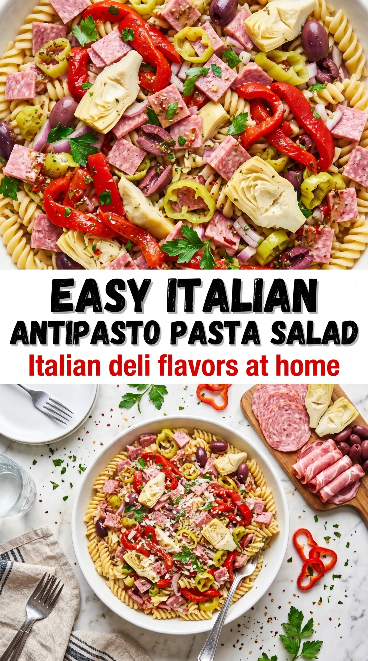 Easy Italian Antipasto Pasta Salad with prosciutto, olives, and herbs