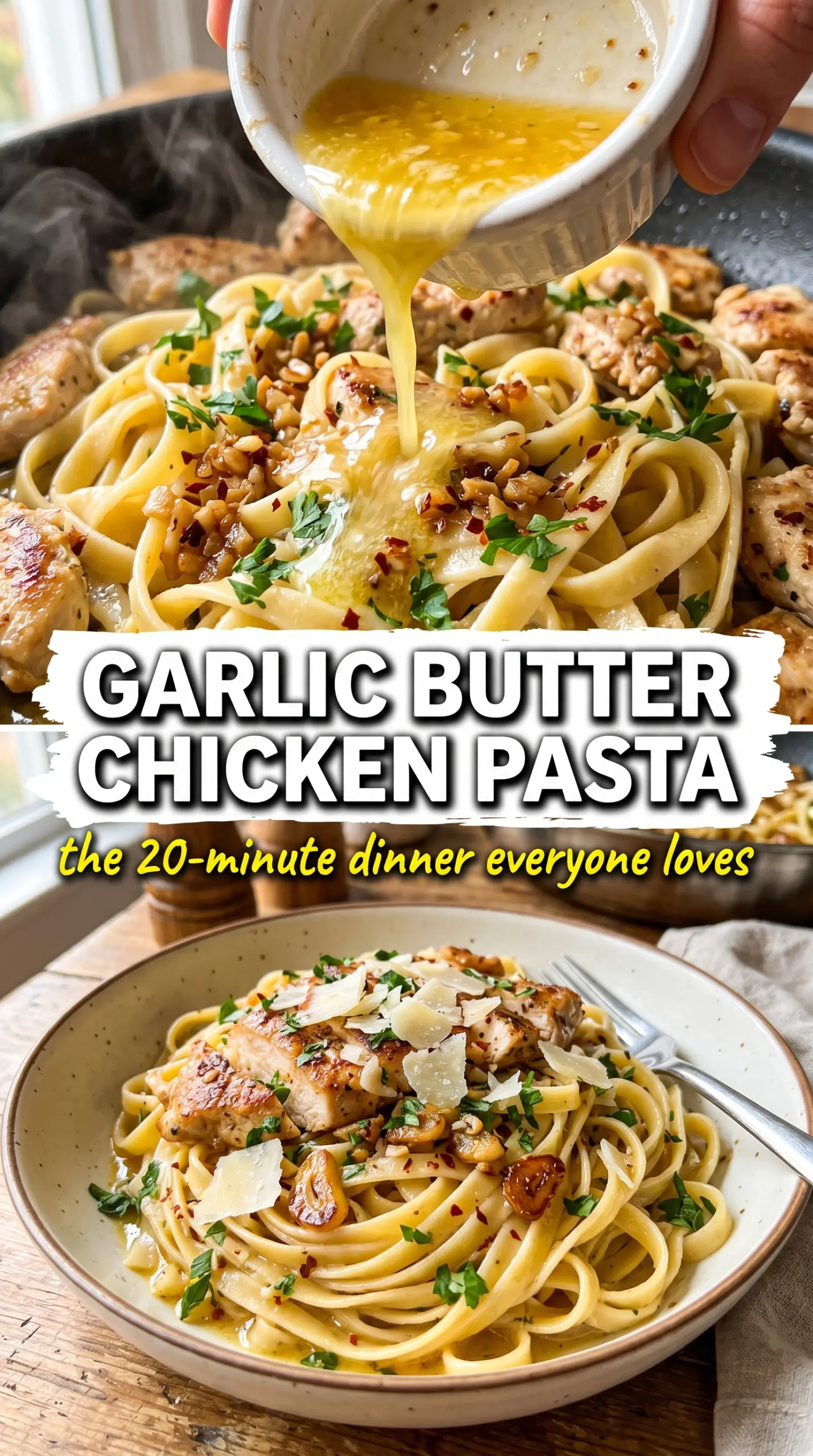 Garlic Butter Chicken Pasta with spaghetti, golden chicken, and Parmesan