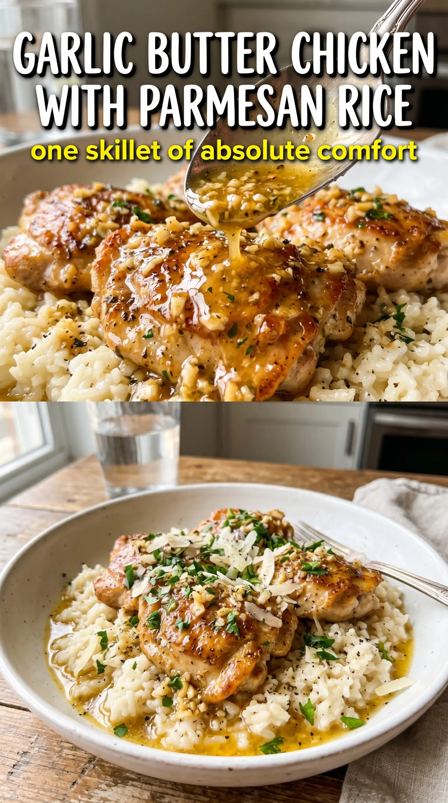 Garlic Butter Chicken with Parmesan Rice, creamy skillet dinner