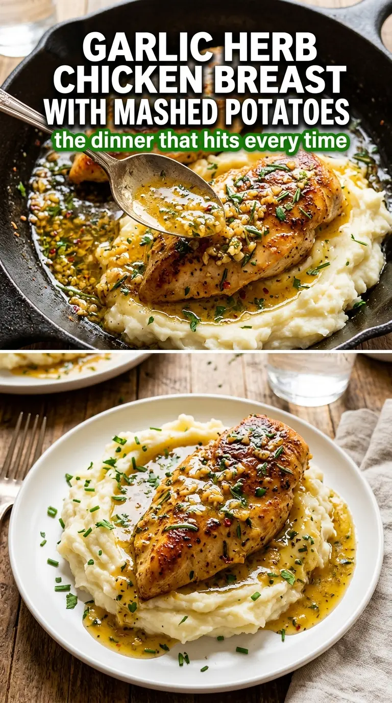 Garlic Herb Chicken Breast with Mashed Potatoes golden seared creamy pan sauce