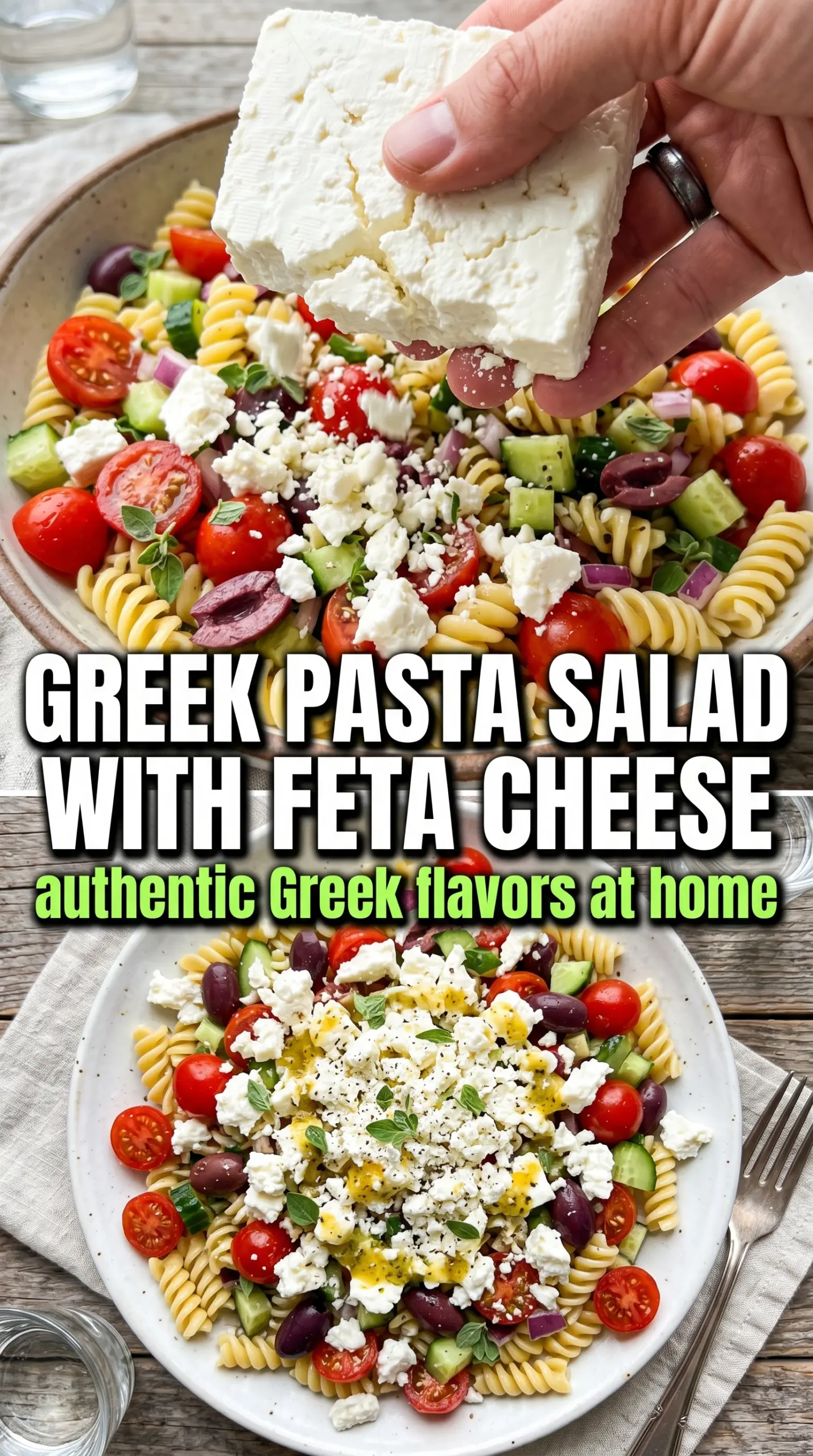 Greek Pasta Salad with Feta Cheese, cucumbers, tomatoes, briny olives