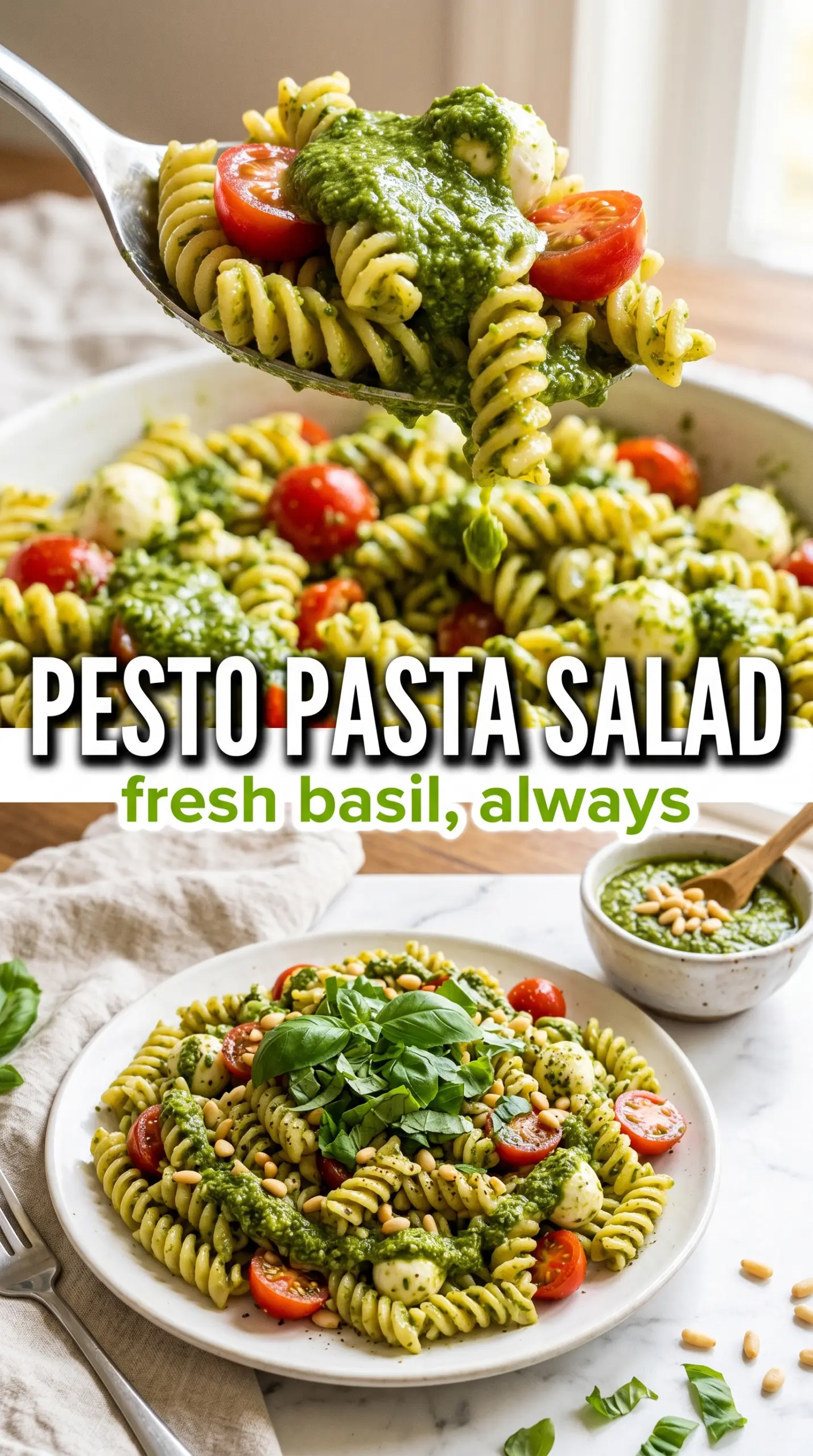 Pesto pasta salad fresh basil, creamy mozzarella, cherry tomatoes