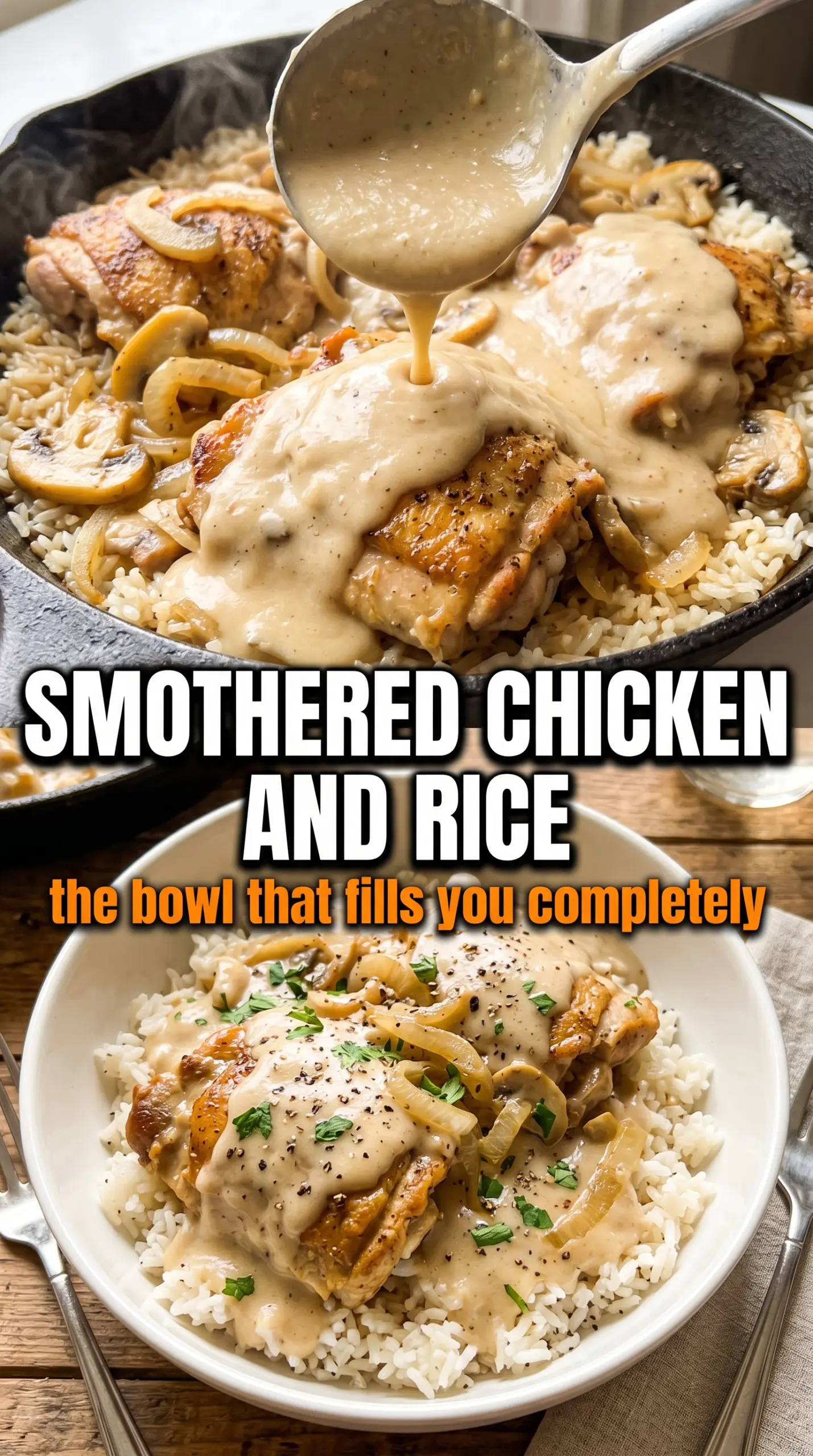 Smothered Chicken and Rice creamy onion gravy, tender chicken, fluffy rice