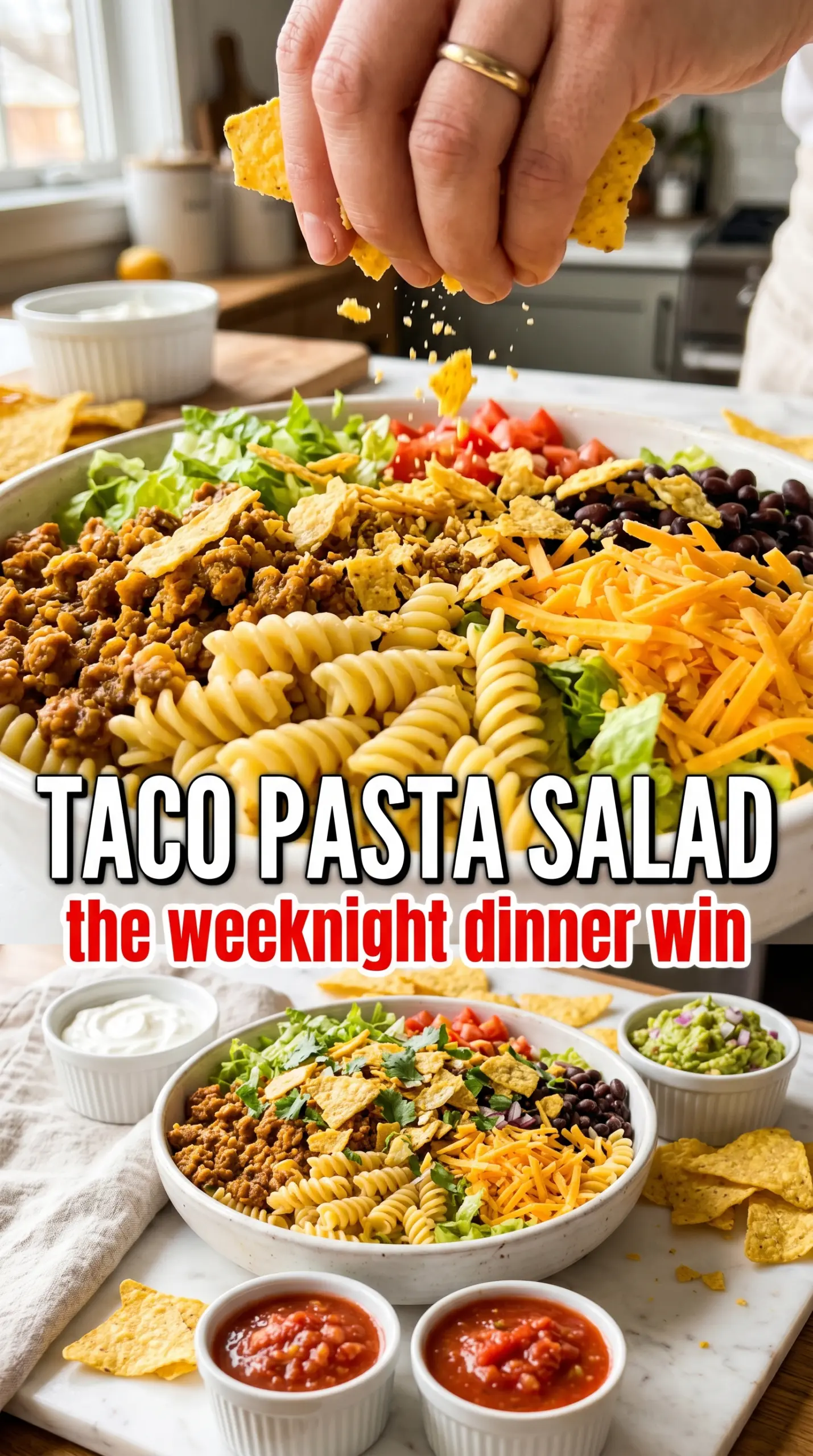 Taco Pasta Salad with beef, black beans, and creamy salsa dressing