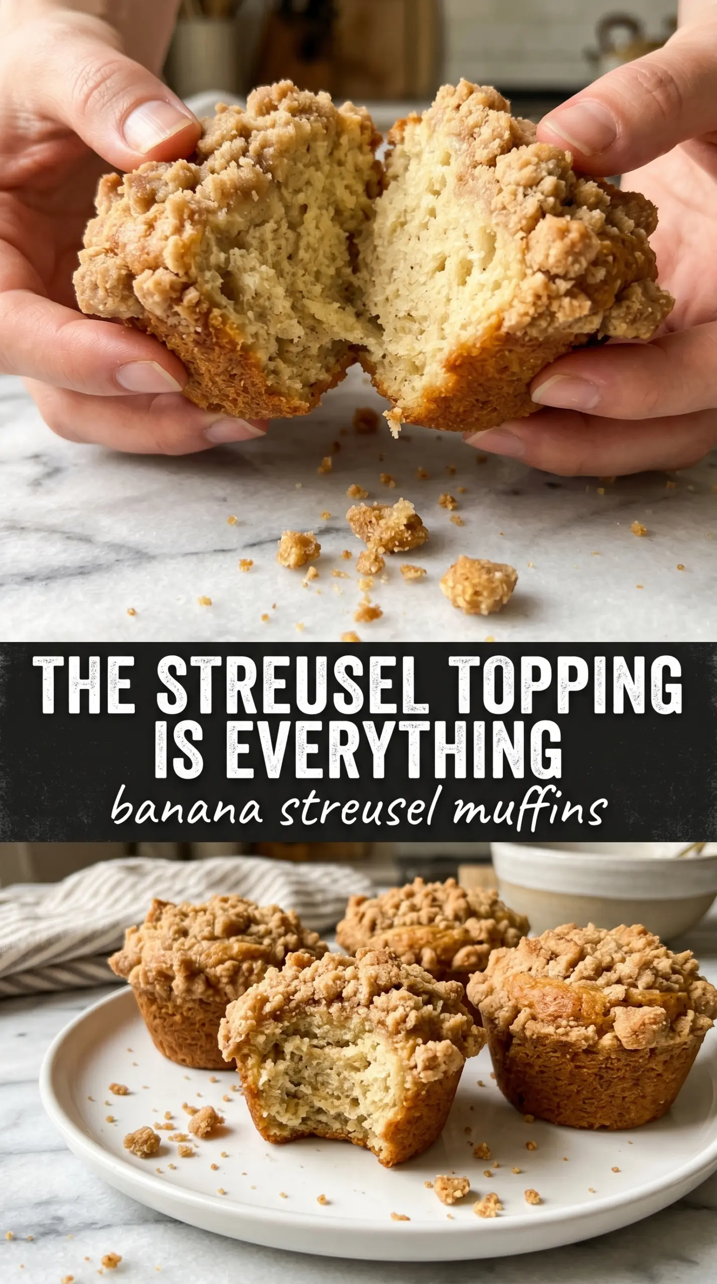 Banana Streusel Muffins with crumbly cinnamon topping, bakery-style, moist crumb