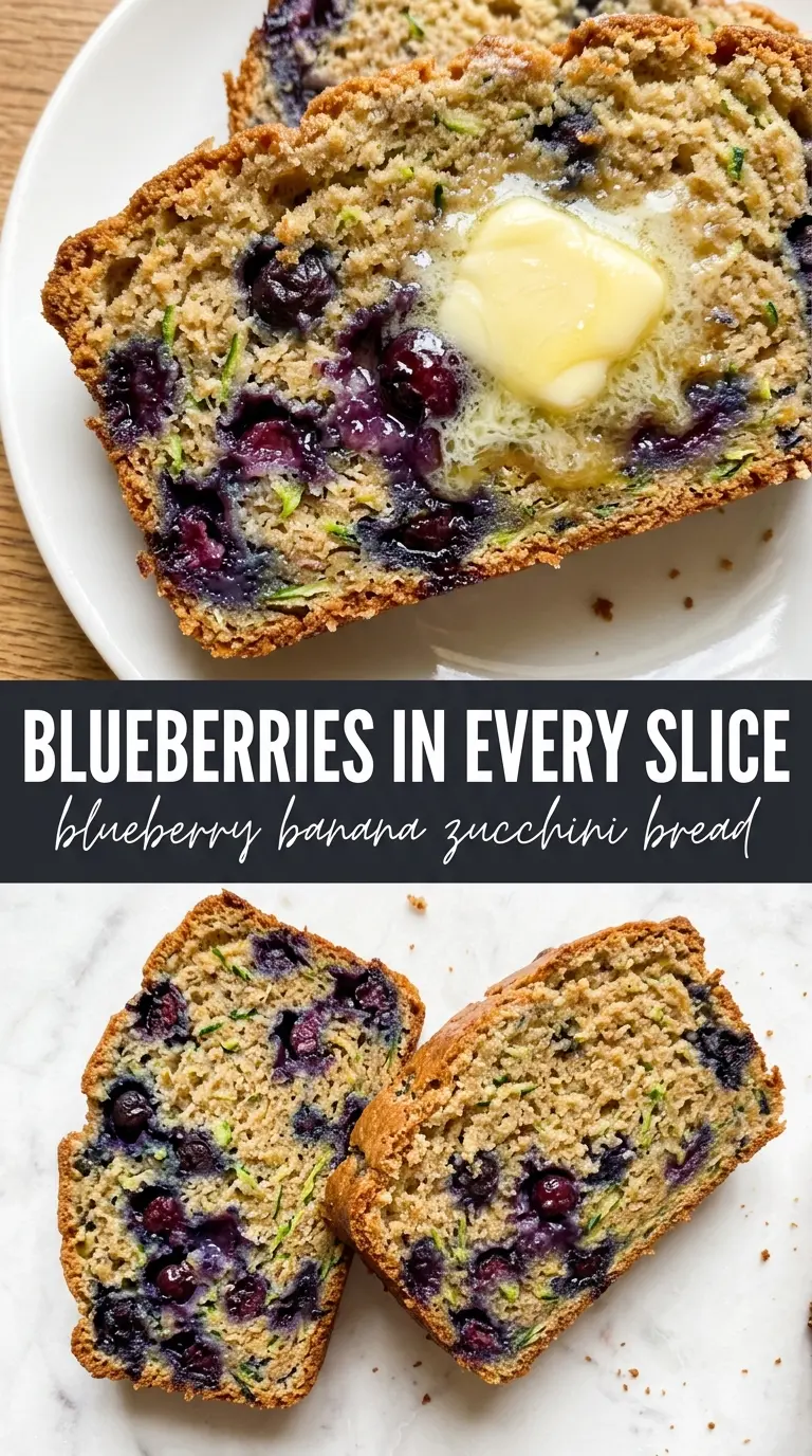 Blueberry banana zucchini bread moist crumb, golden loaf, burst berries