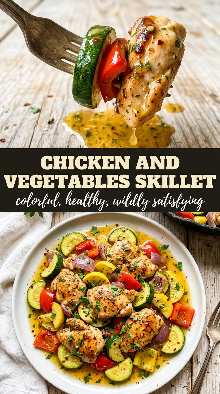 Chicken and Vegetables Skillet, colorful, garlicky, one-pan