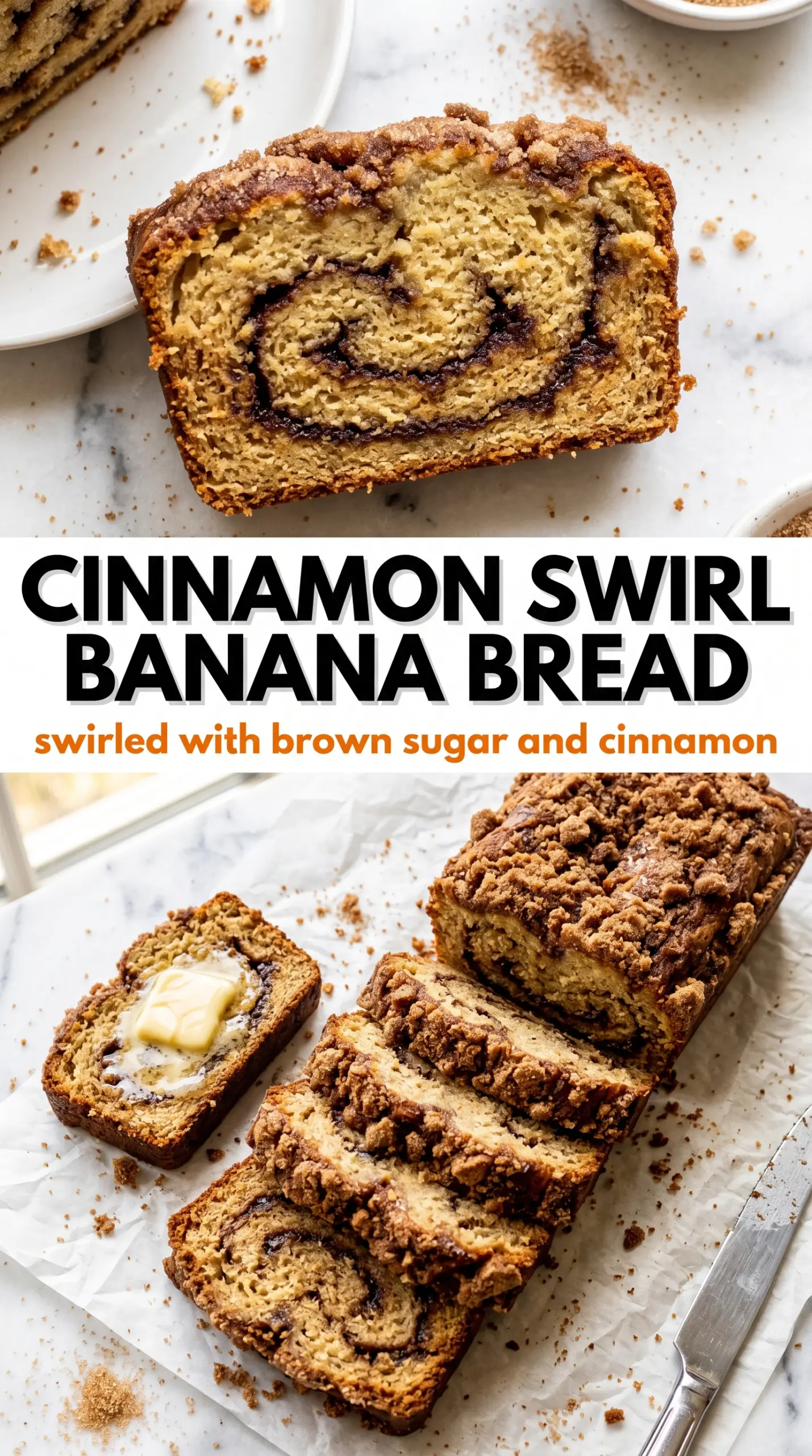 Cinnamon Swirl Banana Bread, cinnamon ribbon, golden crumb
