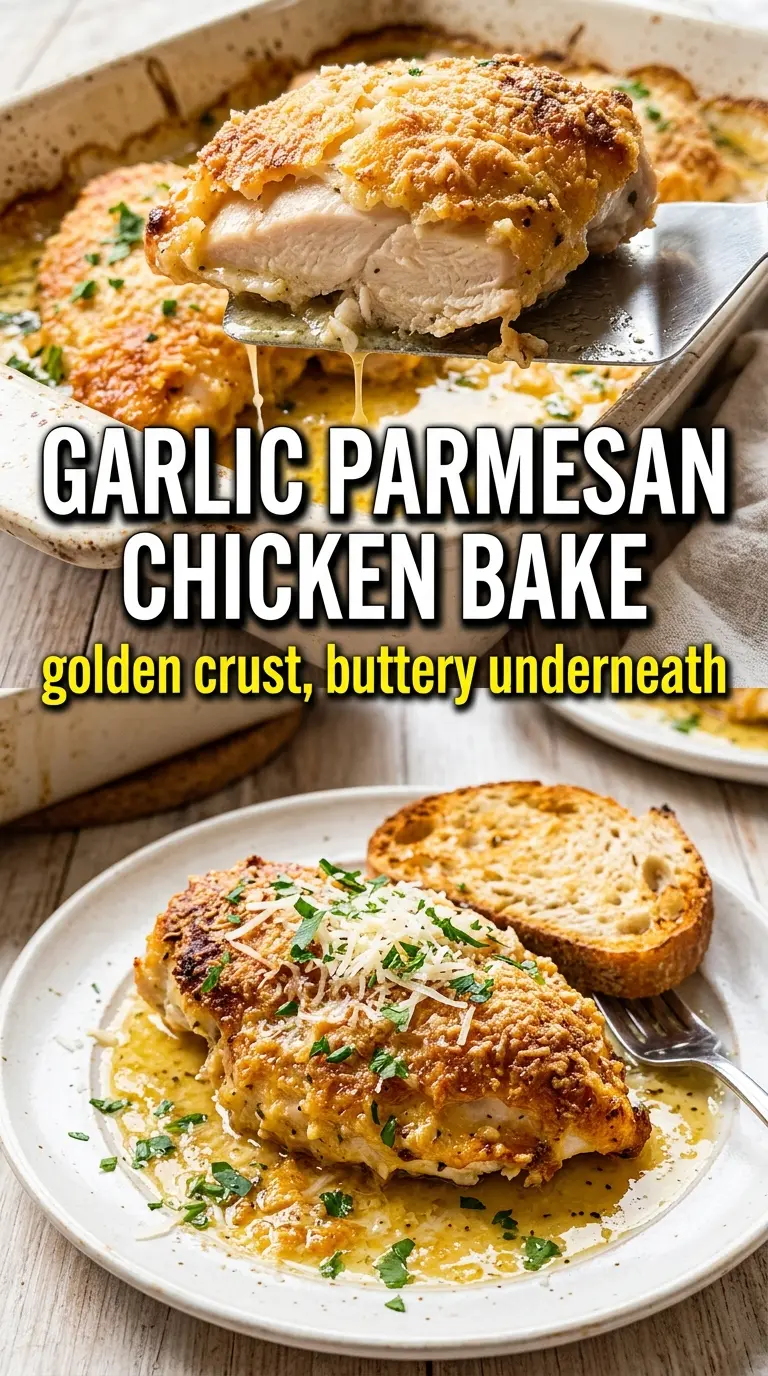 Garlic Parmesan Chicken Bake golden crust, cheesy, baked