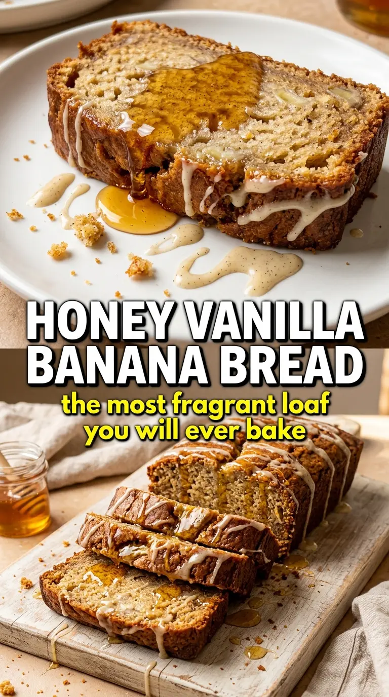 Honey Vanilla Banana Bread with honey glaze, vanilla bean, tender crumb