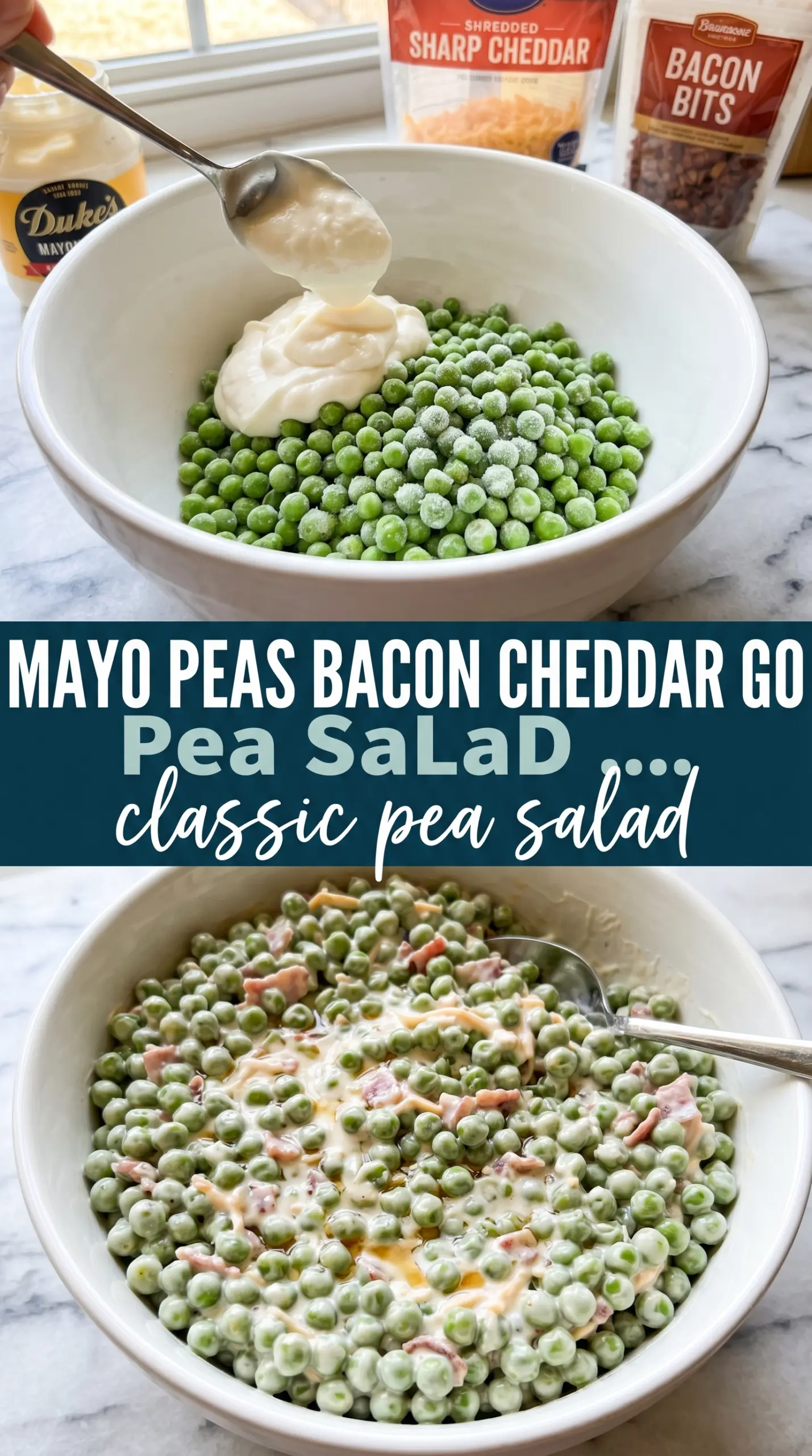 Creamy pea salad with bacon and cheddar, bright and tangy