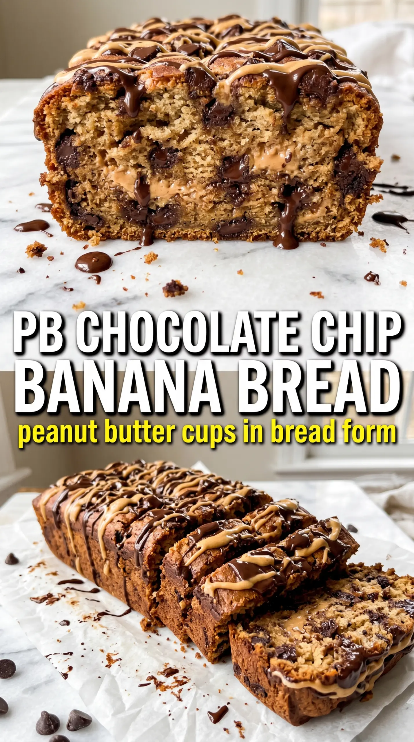Peanut Butter Chocolate Chip Banana Bread with peanut butter swirl and chocolate chips