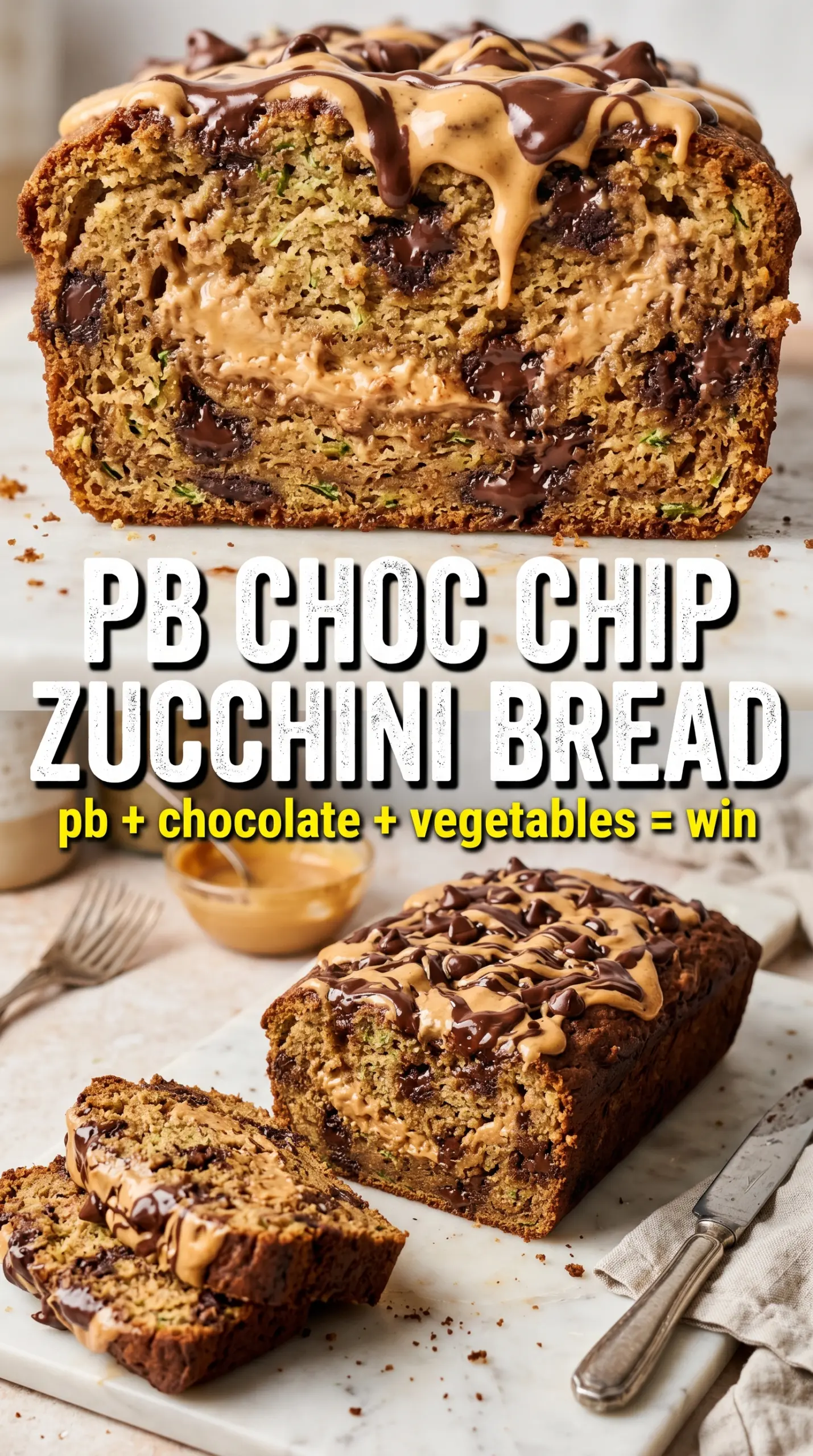 Peanut Butter Chocolate Chip Zucchini Bread, golden crumb, melted chocolate