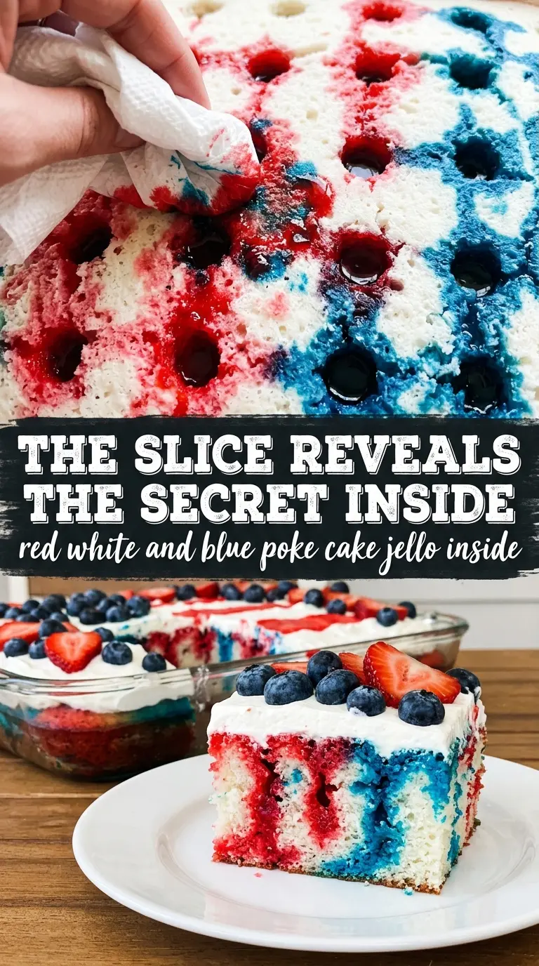 Red, White and Blue Poke Cake with Jell-O stripes, whipped topping, patriotic sprinkles