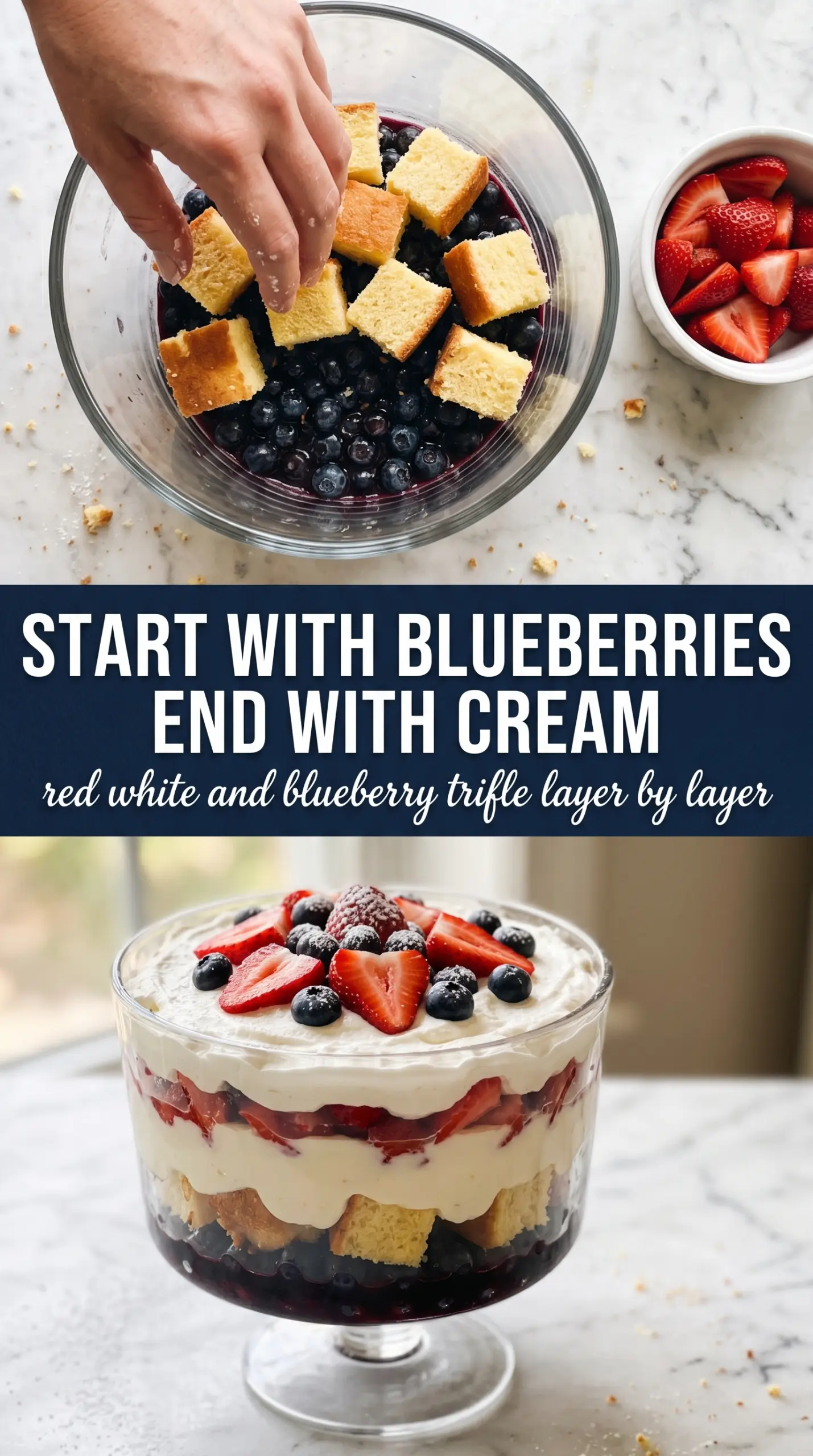 Red, White and Blueberry Trifle layered dessert, patriotic colors, whipped cream