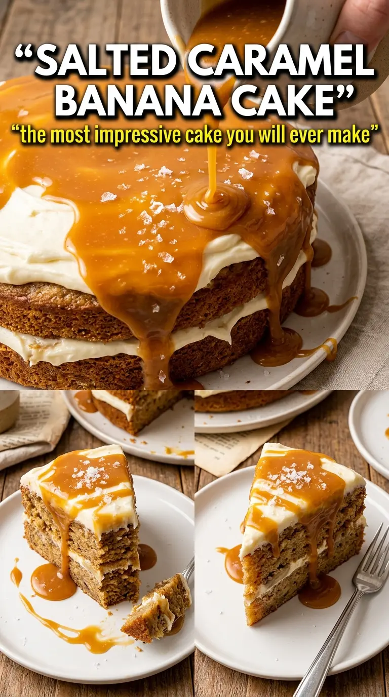 Salted Caramel Banana Cake with caramel drizzle, fluffy frosting, flaky sea salt