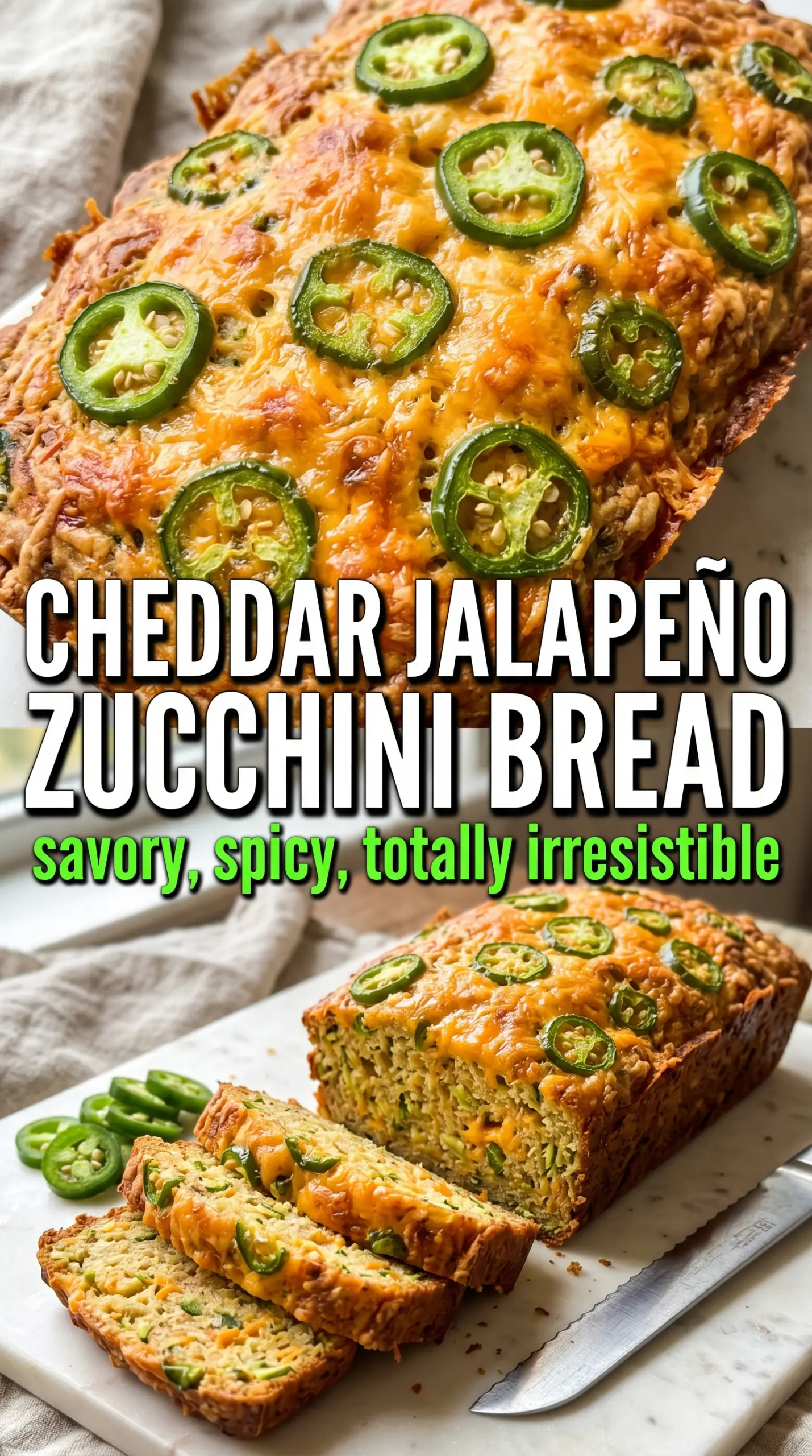 savory zucchini bread with cheddar and jalapeños, cheesy, golden, savory
