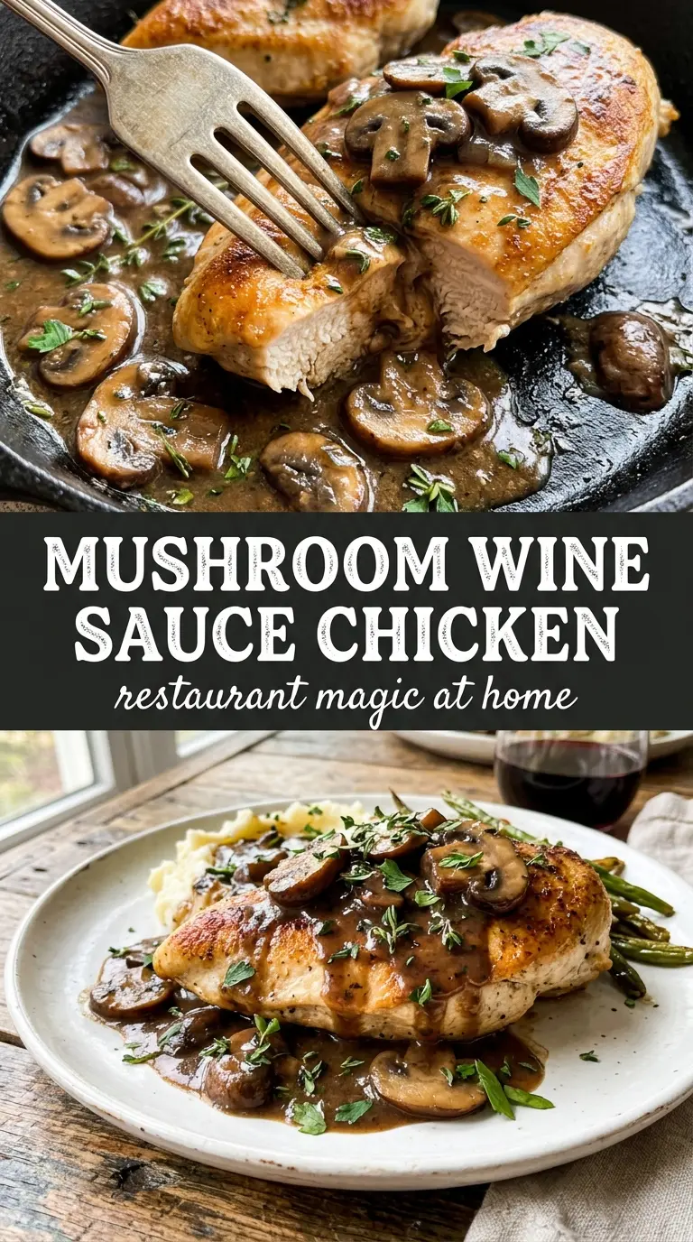 Skillet Chicken and Mushroom Wine Sauce, glossy mushrooms, seared chicken