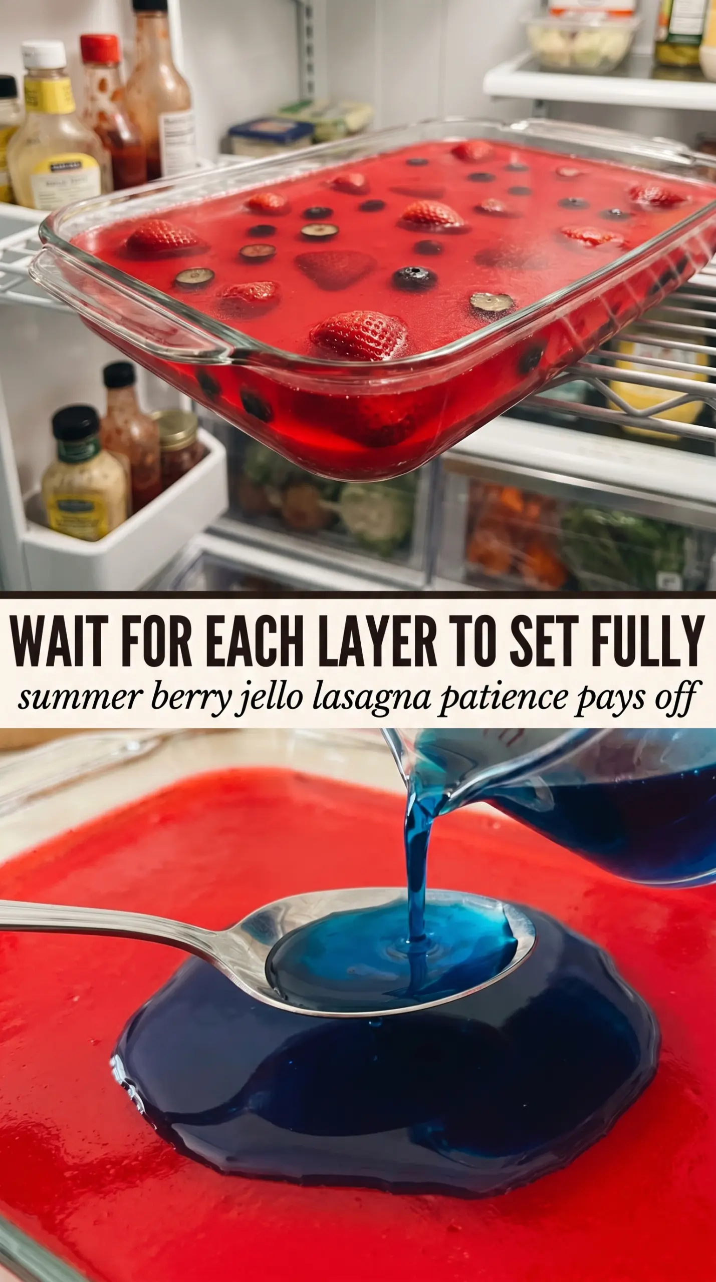 Summer Berry Jello Lasagna layered dessert, creamy, colorful, no-bake