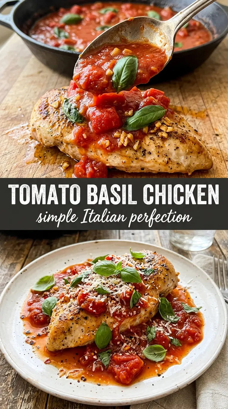 Tomato Basil Chicken Breasts rustic skillet, burst tomatoes, fresh basil