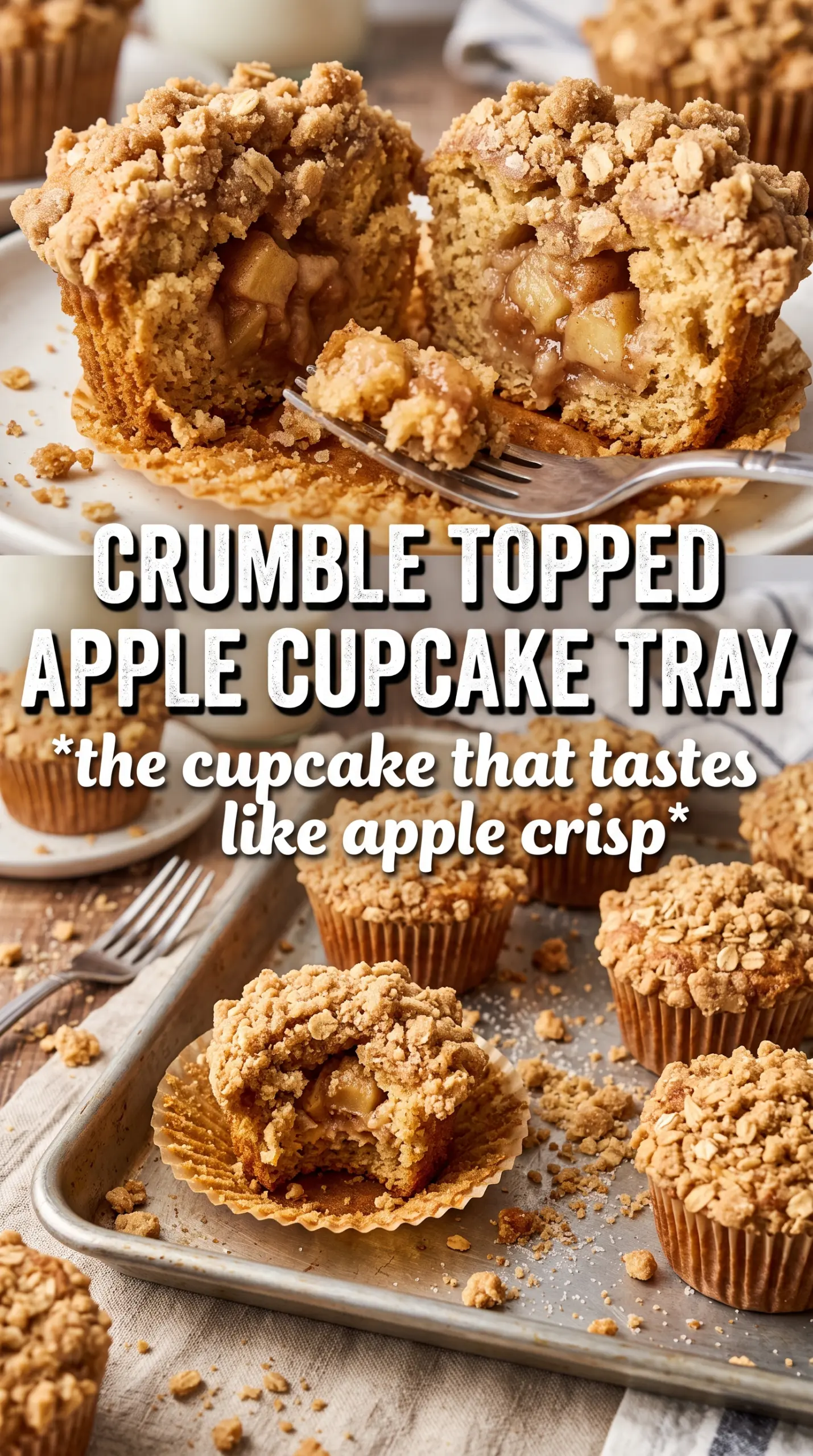Apple Crumble Cupcakes with oat crumble, frosting, caramel