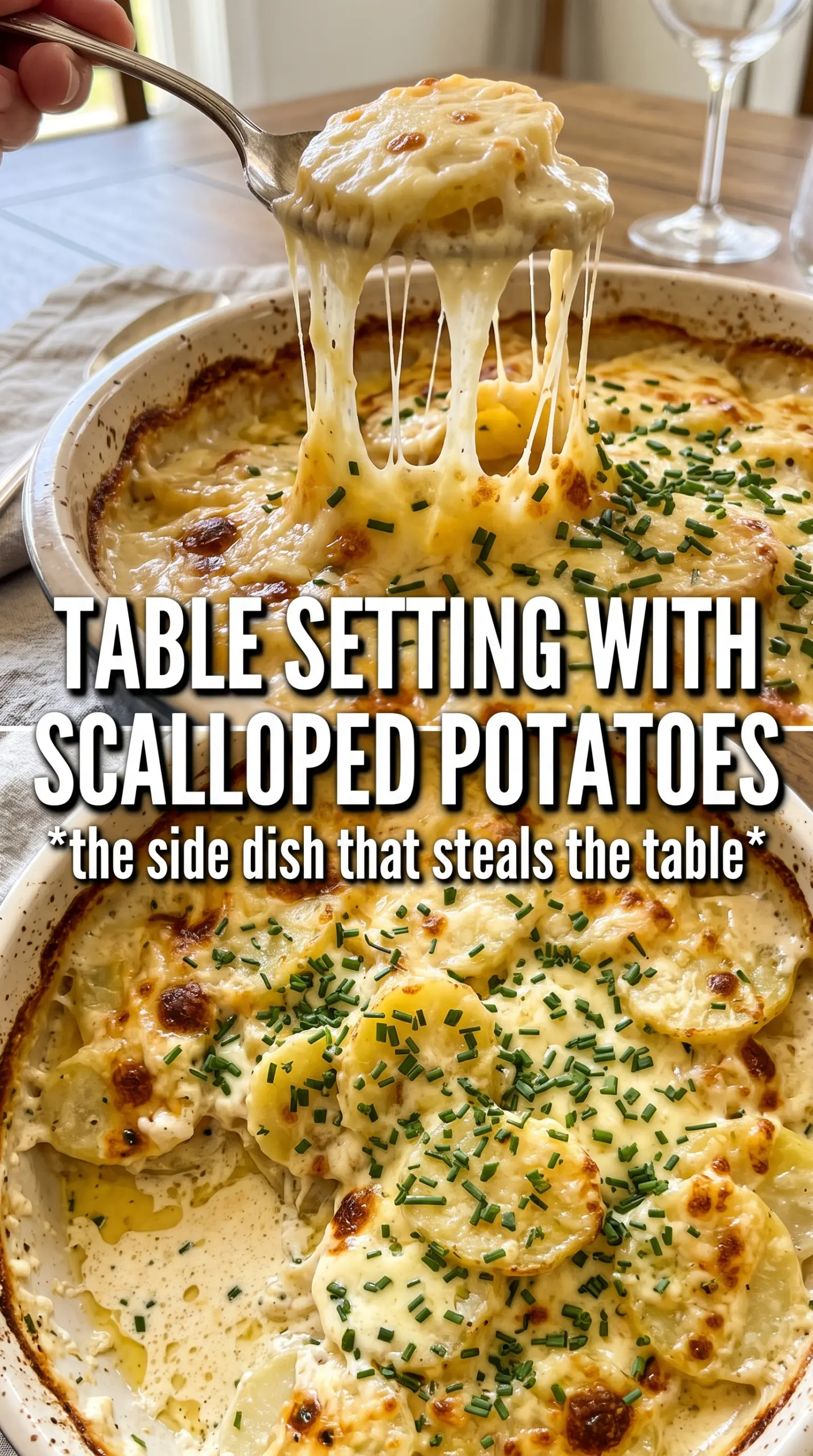 Cheesy Scalloped Potatoes golden bubbling layered