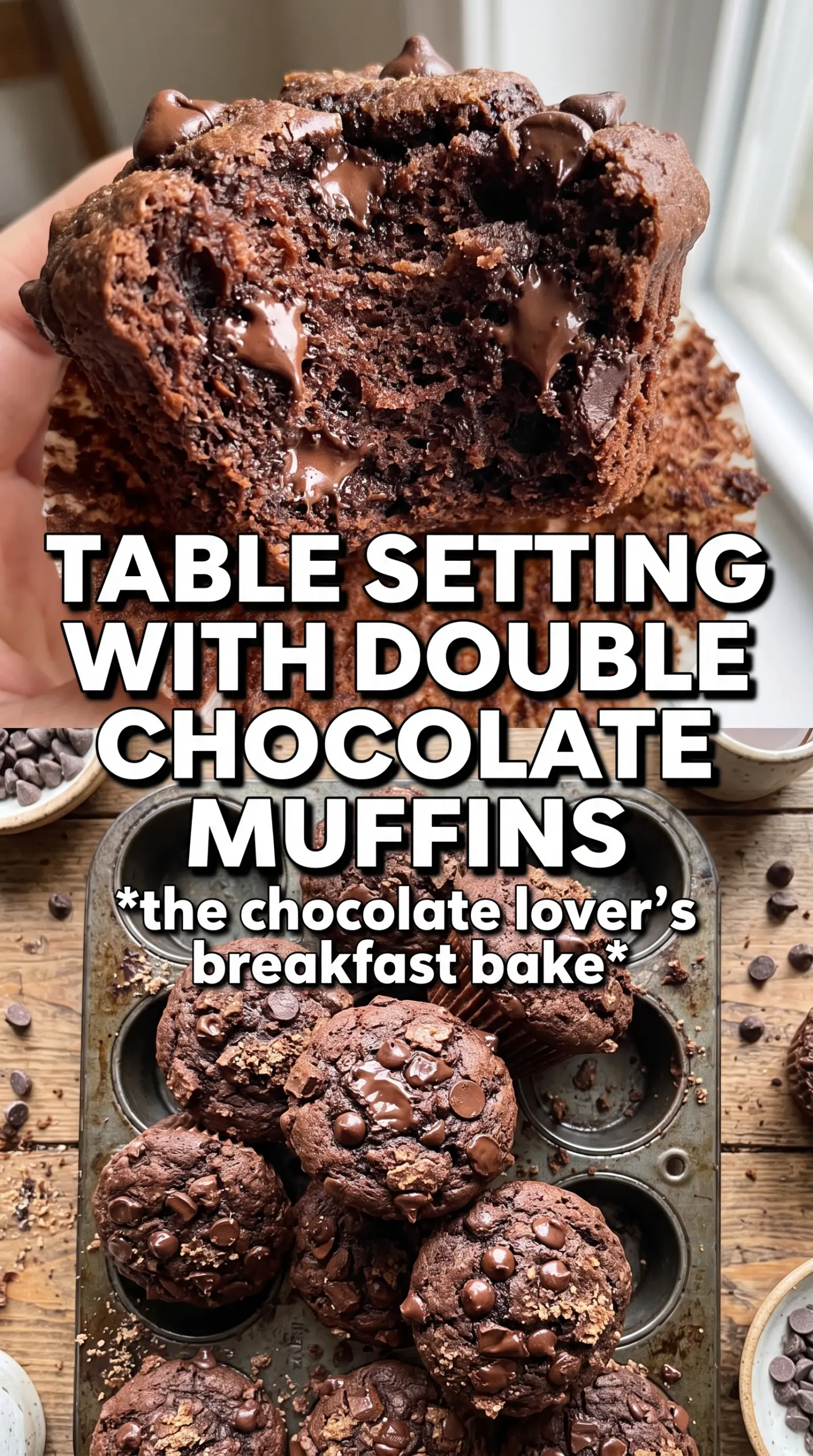 Double Chocolate Muffins, rich domed tops, melty chips