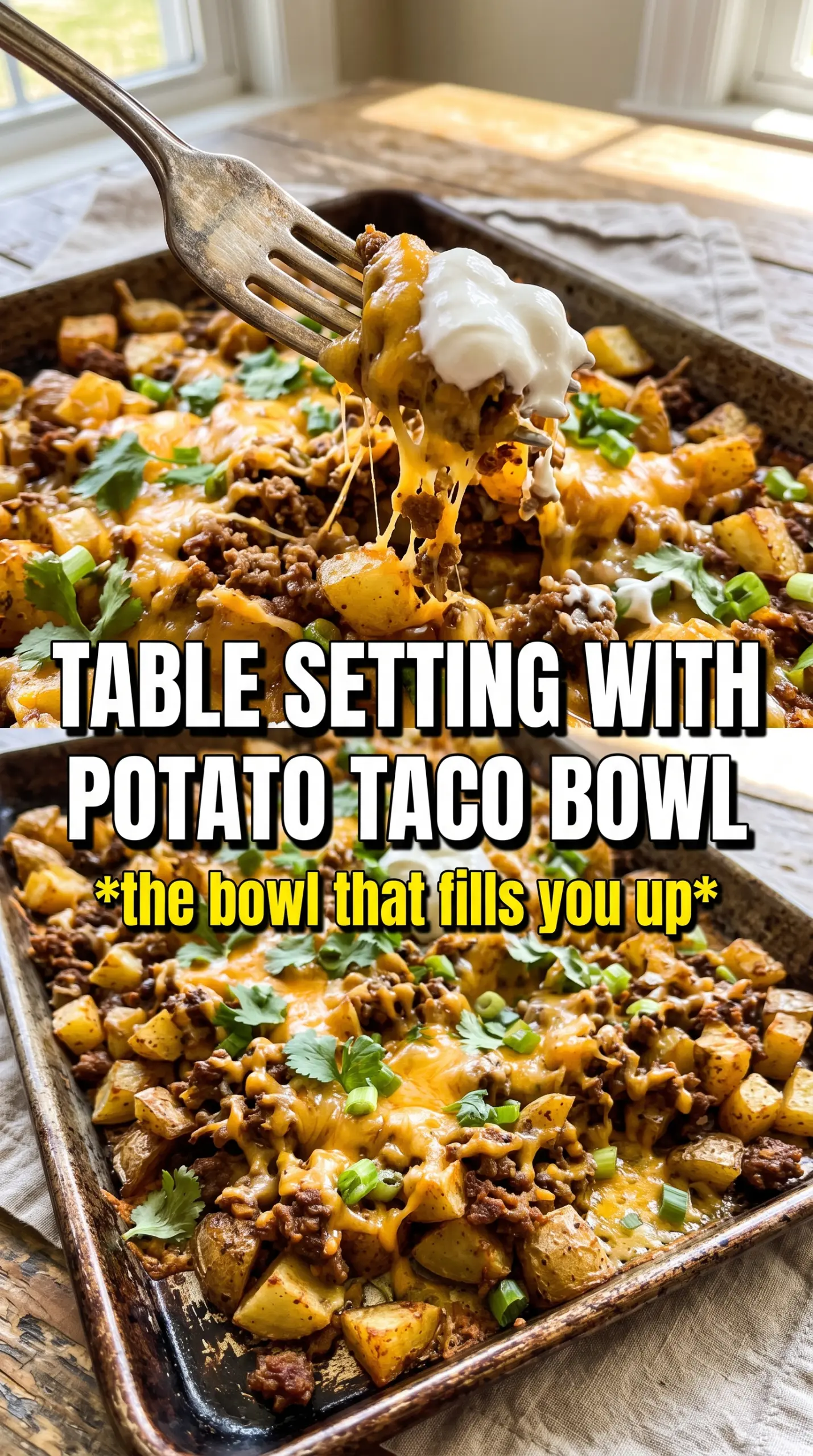 Loaded Potato Taco Bowl crispy potatoes, seasoned beef, Tex-Mex toppings