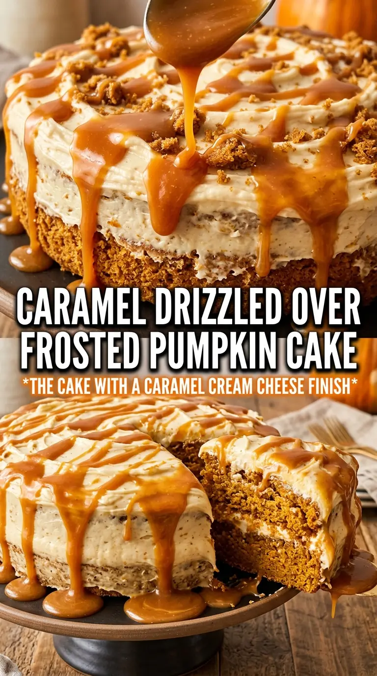Pumpkin Cake With Caramel Cream Cheese Frosting, spiced layers, caramel drizzle