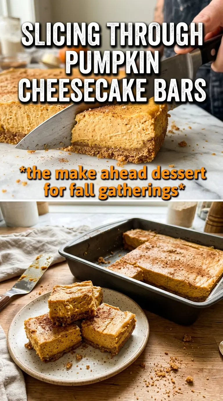 Pumpkin Cheesecake Bars with gingersnap crust, swirled filling, creamy layers