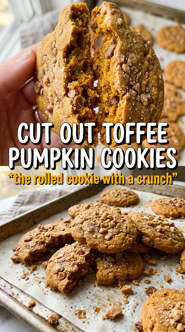 Pumpkin Spice Toffee Rollout Cookies with cinnamon glaze, golden cutouts, toffee bits