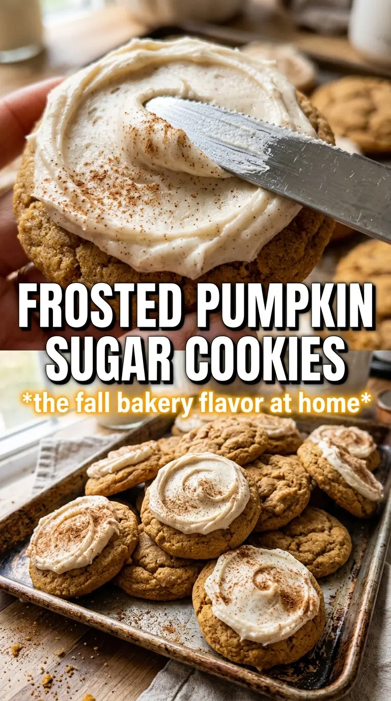 Pumpkin Sugar Cookies With Cream Cheese Frosting, frosted, cinnamon-dusted