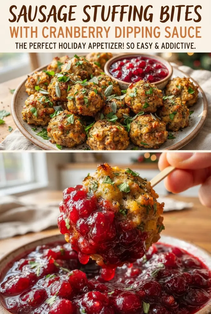Sausage Stuffing Bites with Cranberry Dipping Sauce